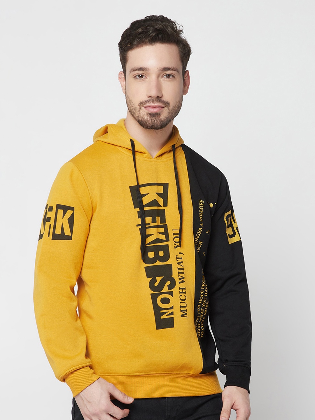 

ELEGANCE Men Printed Cotton Hooded Sweatshirt, Mustard