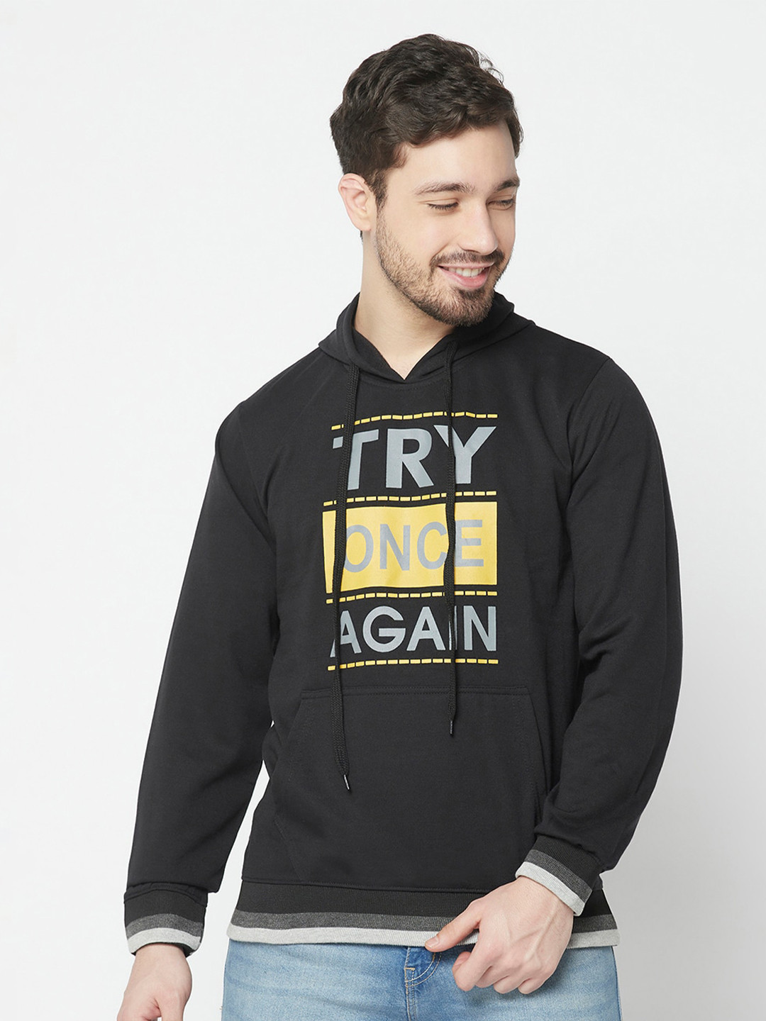 

ELEGANCE Men Printed Cotton Hooded Sweatshirt, Black