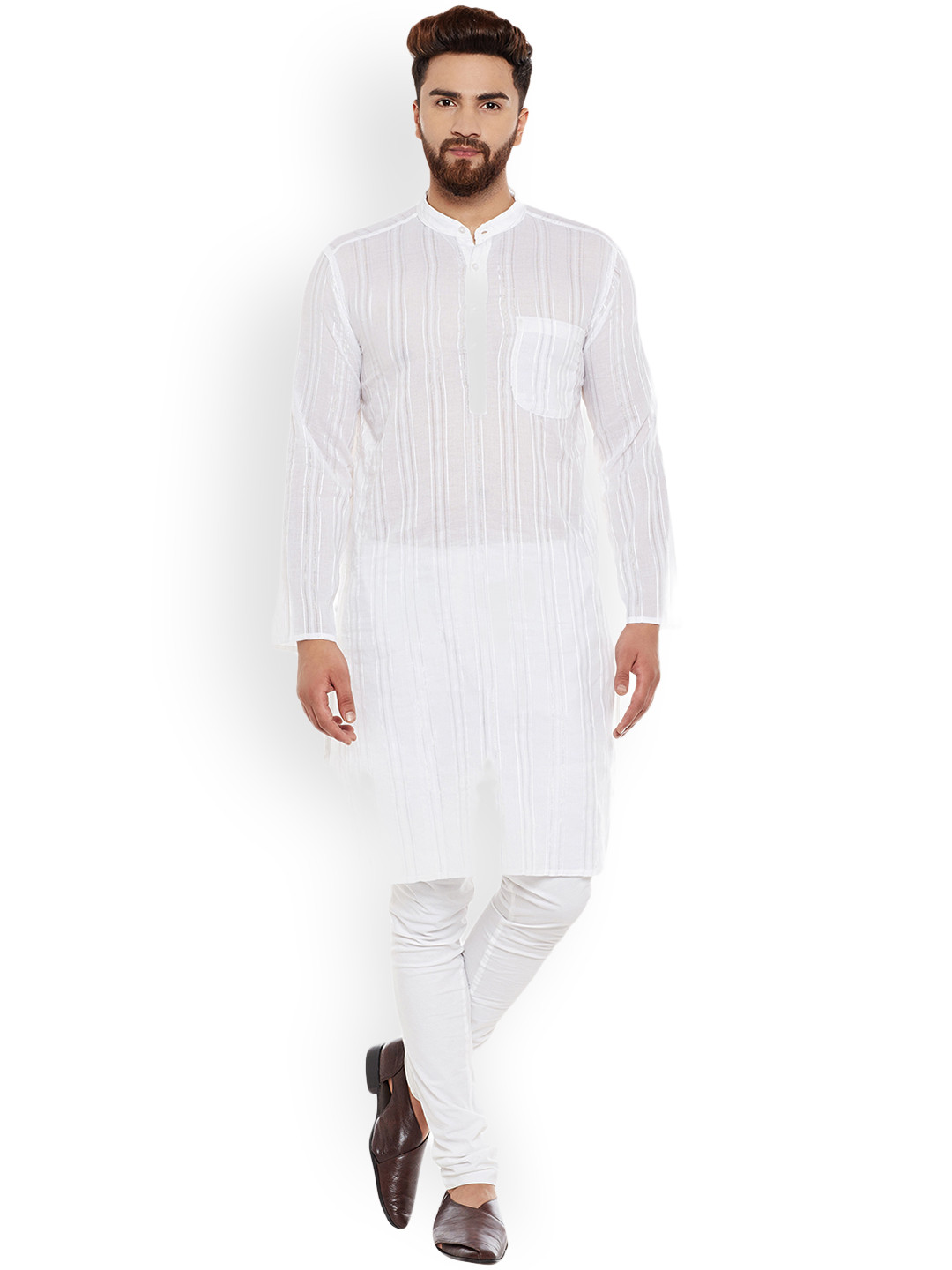 

even Men White Woven Design Straight Kurta