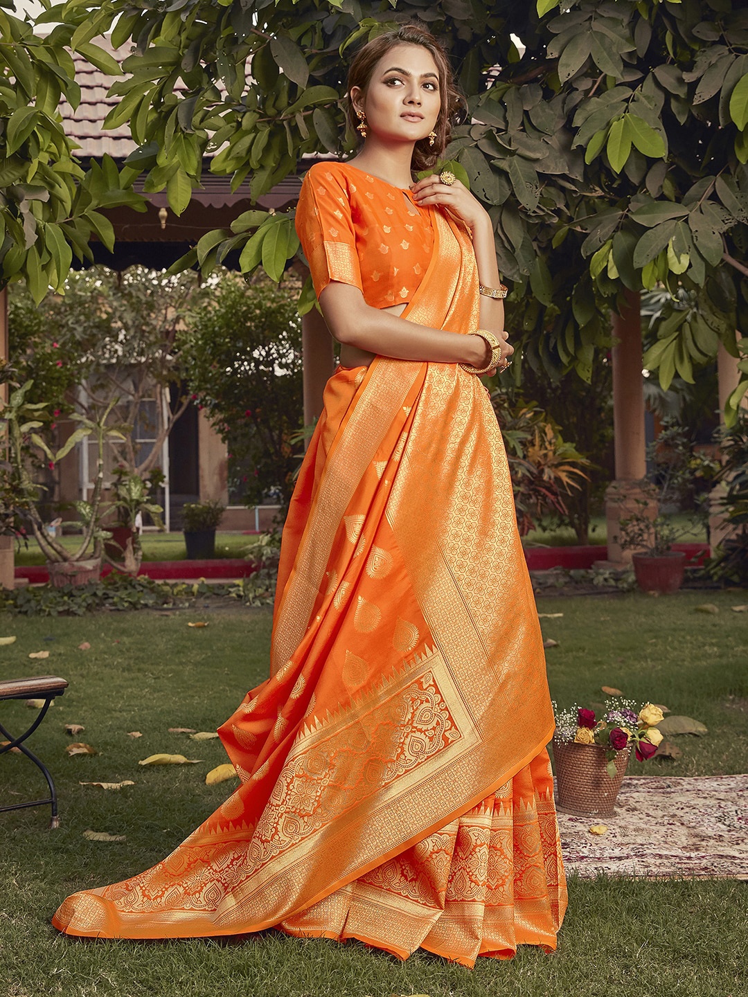 

Mitera Woven Design Zari Silk Blend Bagh Saree, Orange