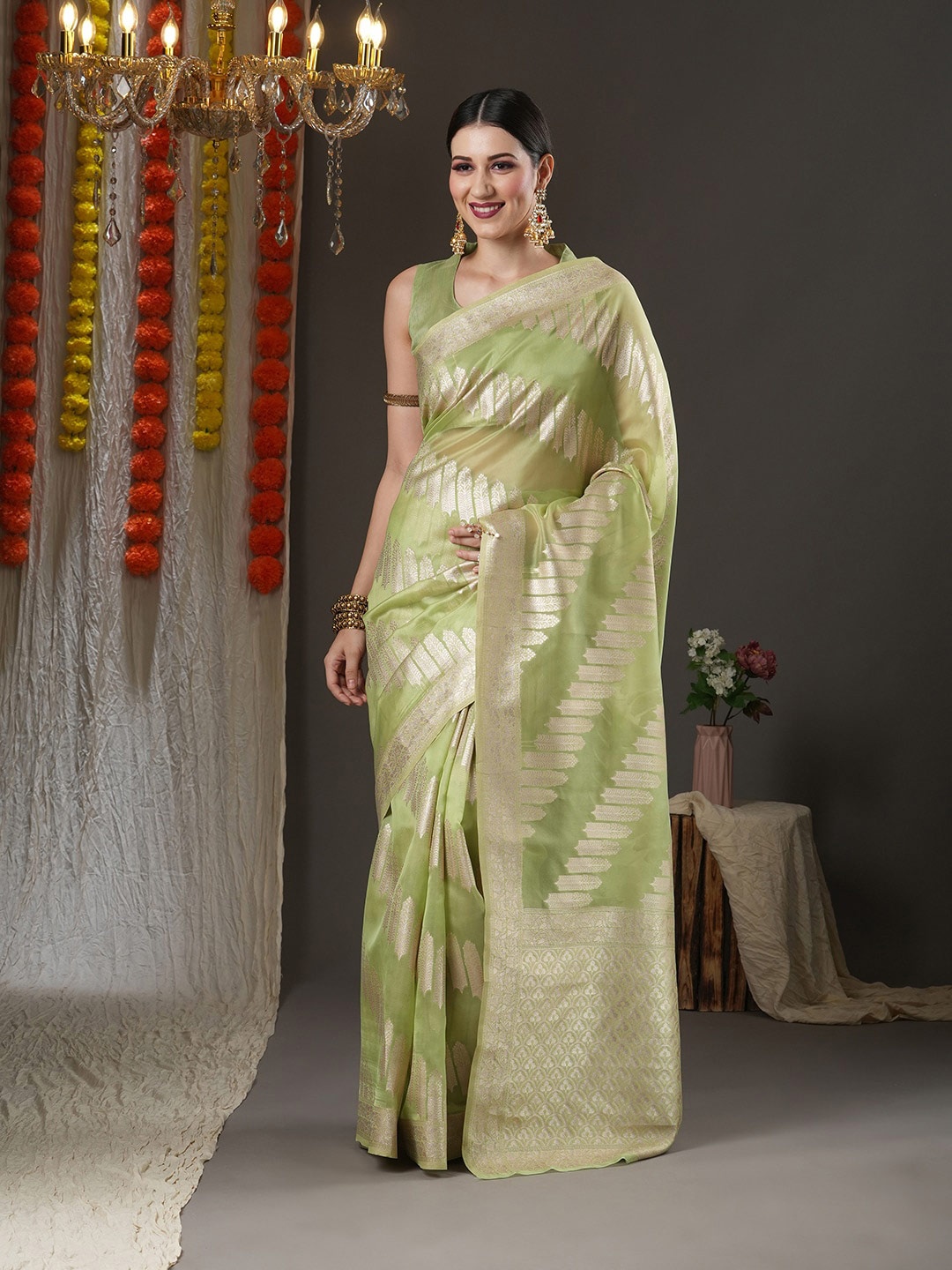 

Mitera Ethnic Motifs Zari Organza Chanderi Saree, Green