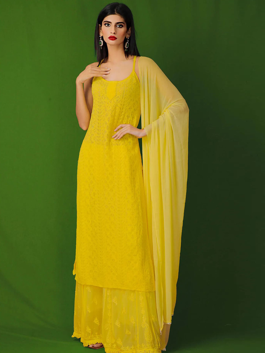 

LABEL AISHWARYRIKA Women Yellow Ethnic Motifs Embroidered Sequinned Silk Georgette Kurta with Palazzos &