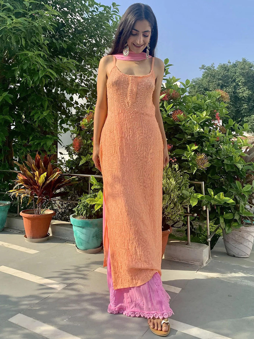 

LABEL AISHWARYRIKA Women Coral Embroidered Sequinned Silk Georgette Kurta with Palazzos & With Dupatta