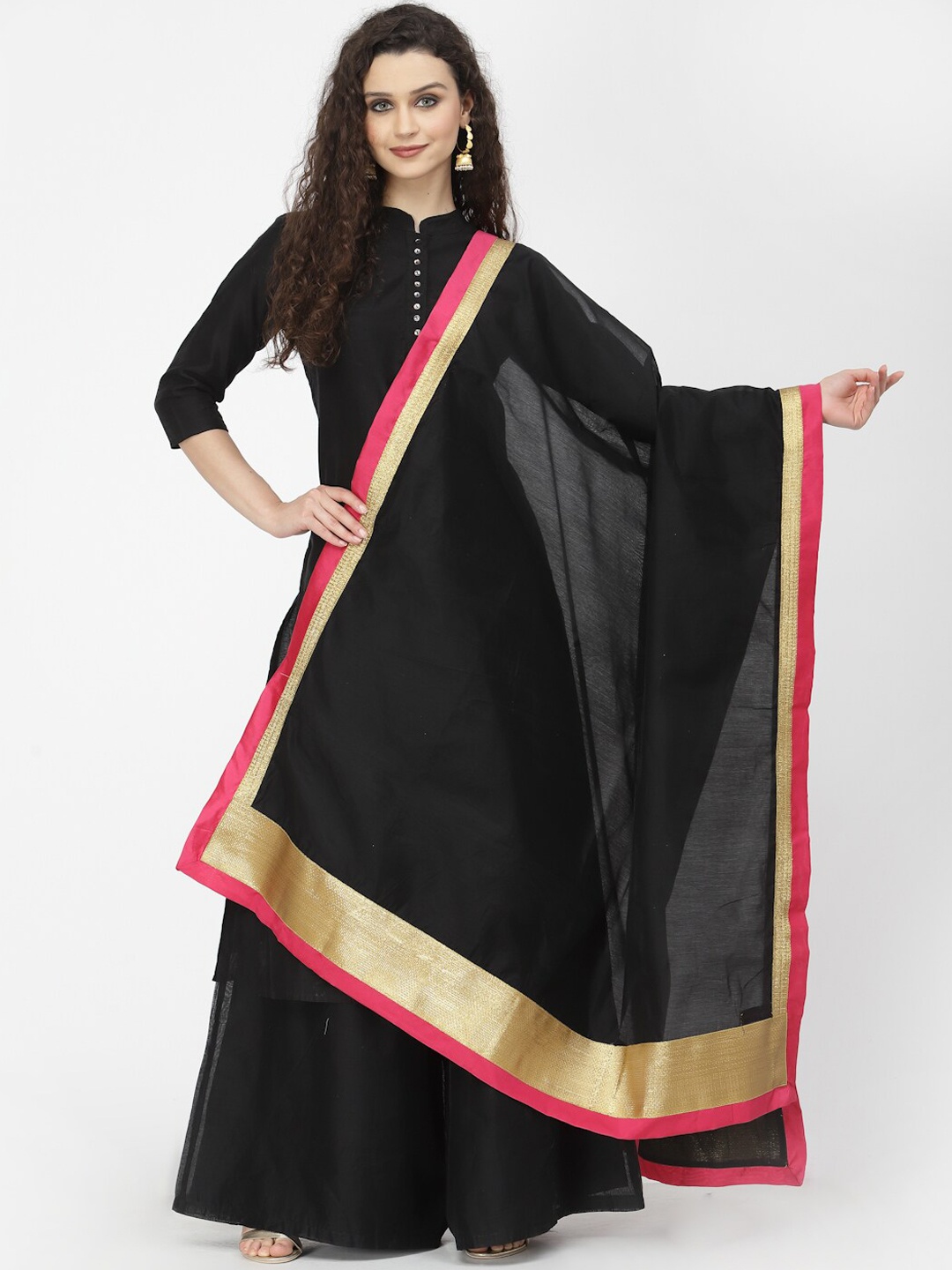 

Desi Weavess Chanderi Silk Kurta with Palazzos & Dupatta, Black