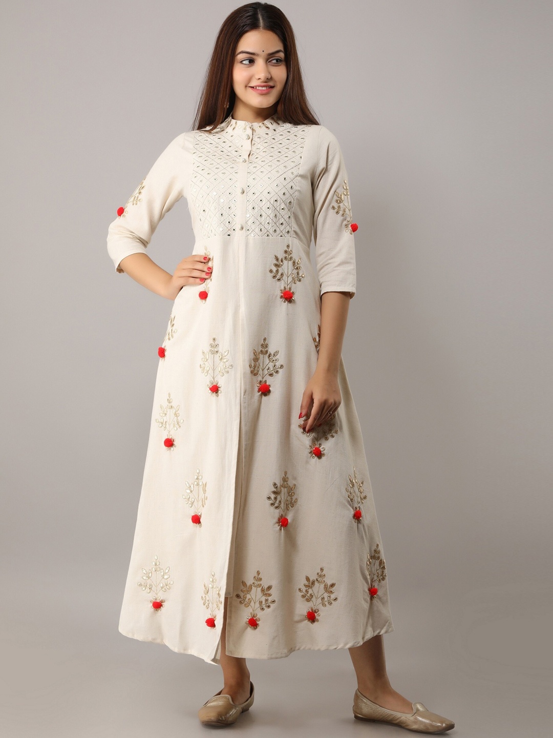 

KALINI Floral Embroidered Mandarin Collar Thread Work Kurta, White