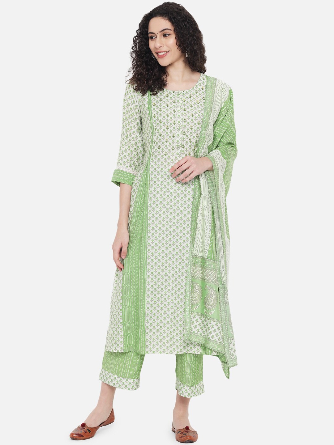 

KALINI Women Floral Printed Thread Work Chanderi Cotton Kurta with Palazzos & Dupatta, Green