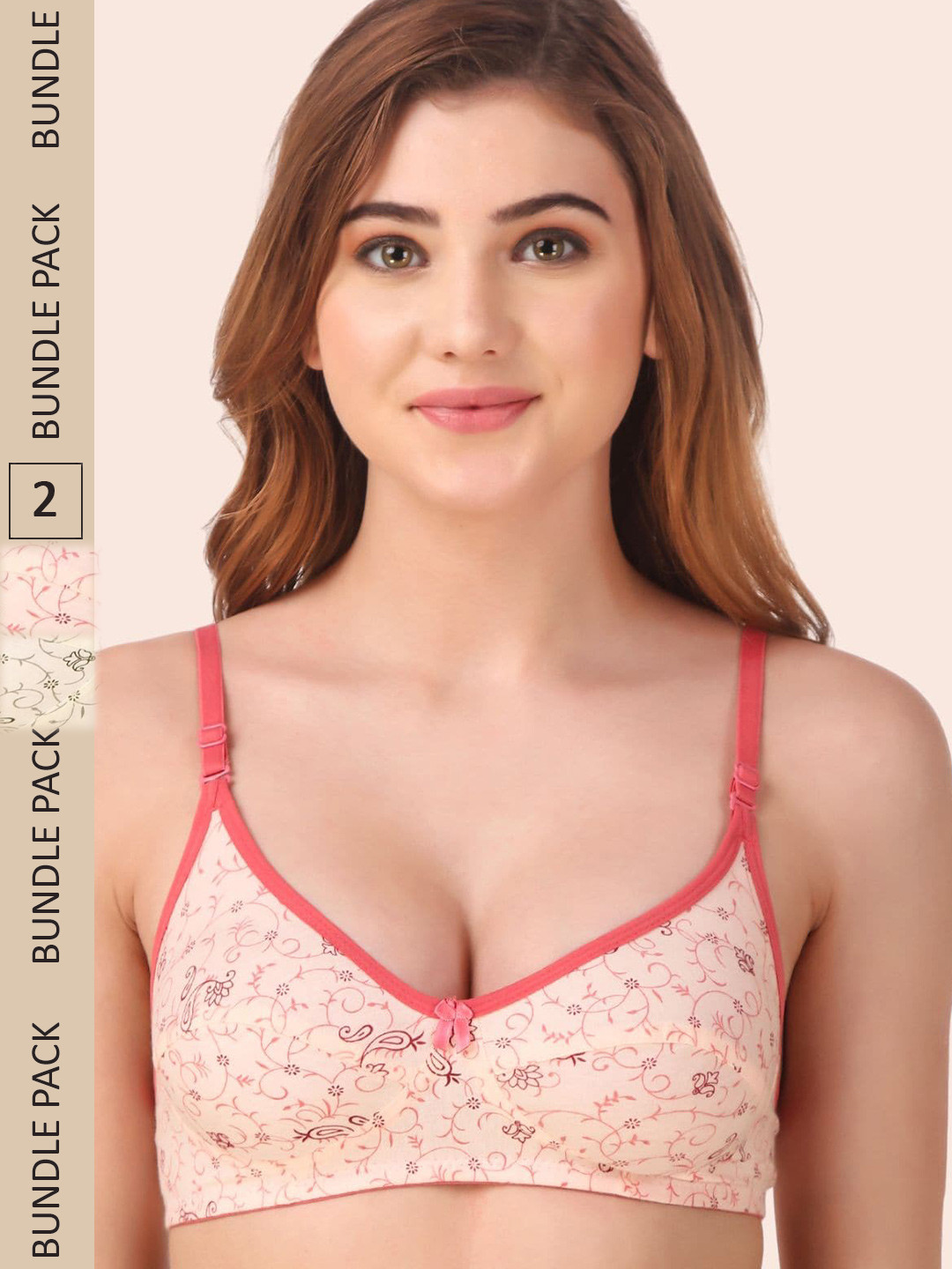 

Fasense Pack Of 2 Floral Printed Everyday Non Padded Bra, Peach