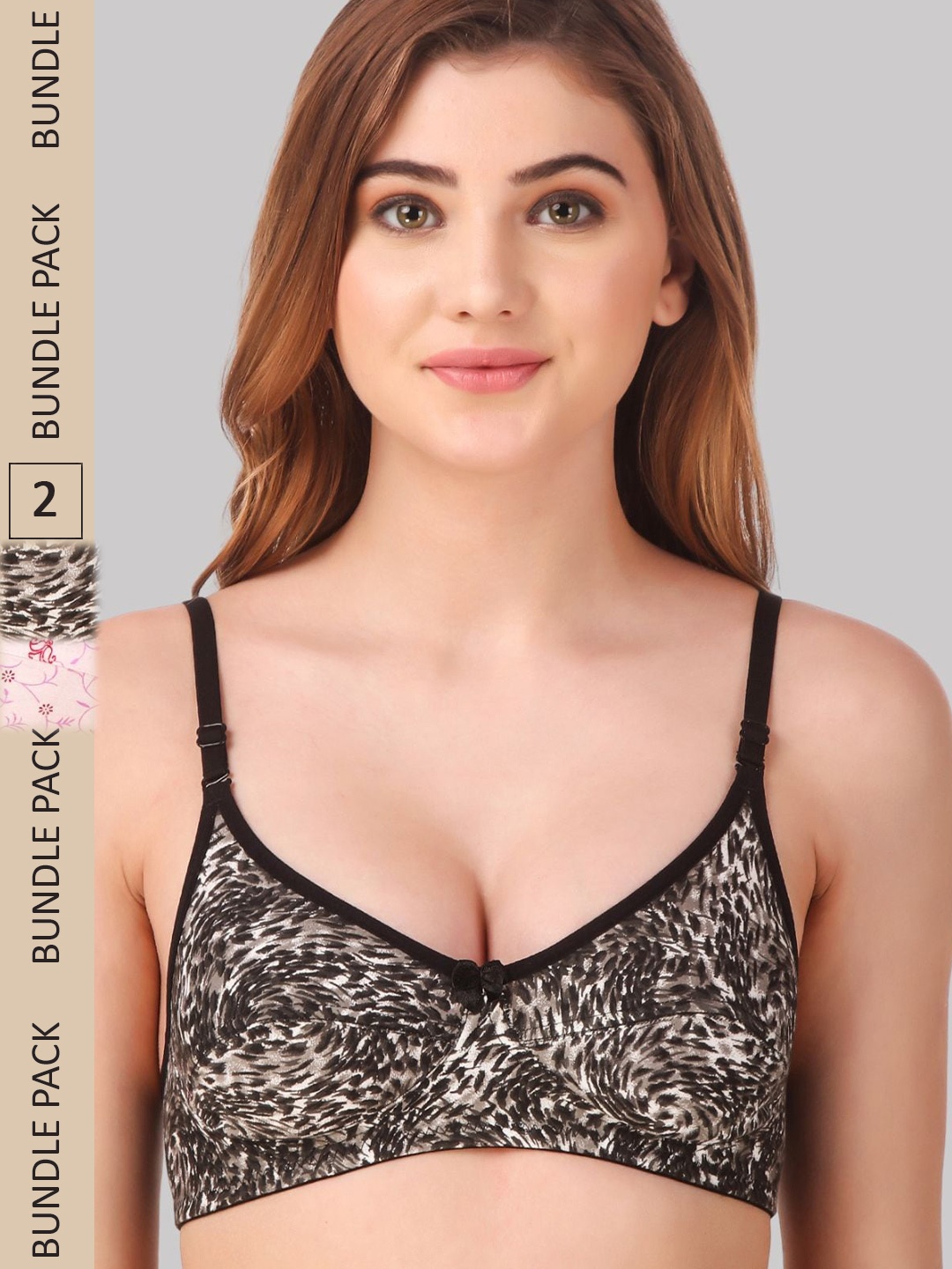 

Fasense Pack Of 2 Floral Printed Everyday Non Padded Bra, Black