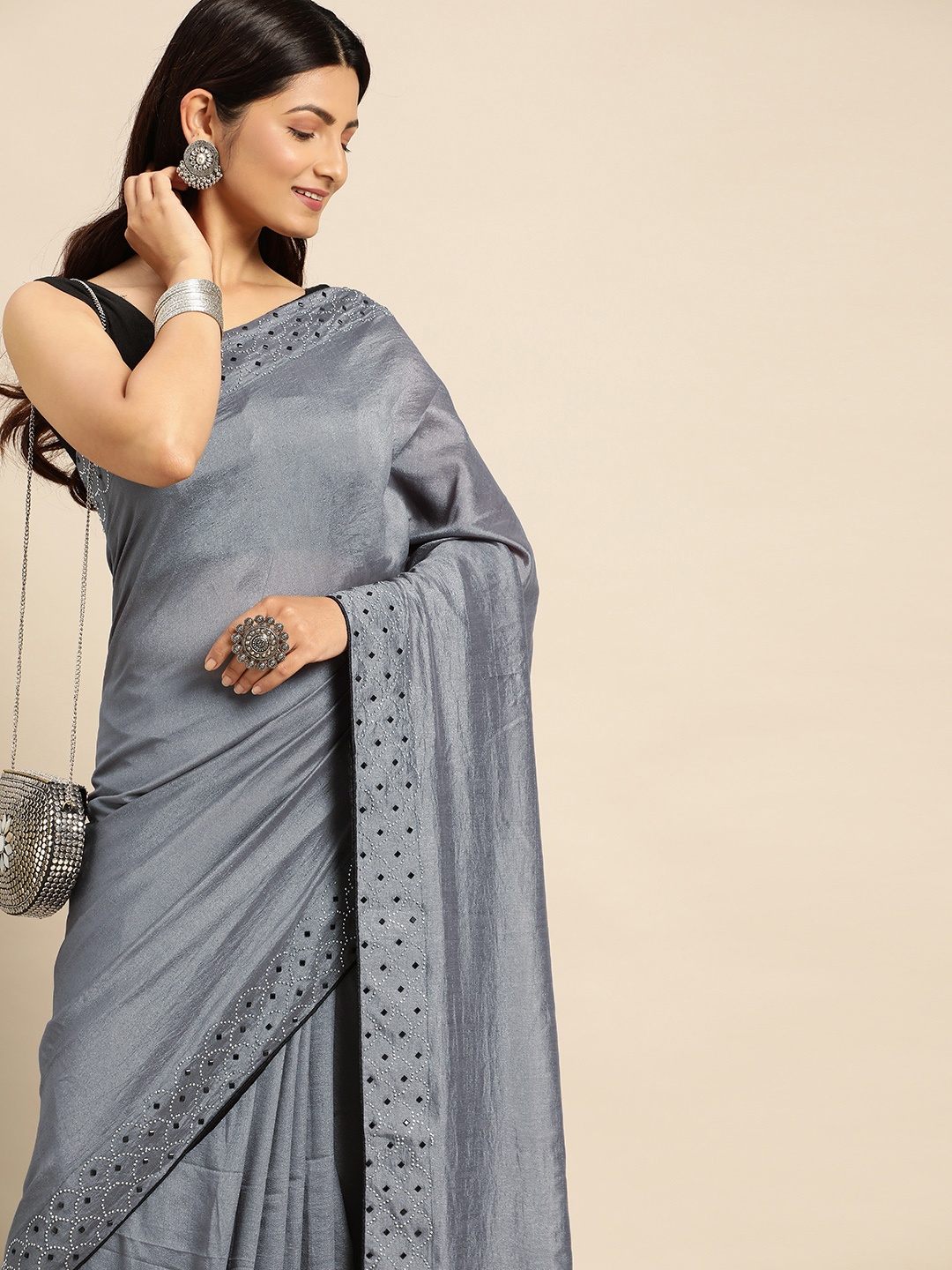 

M M Venture Embellished Silk Blend Venkatgiri Saree, Grey