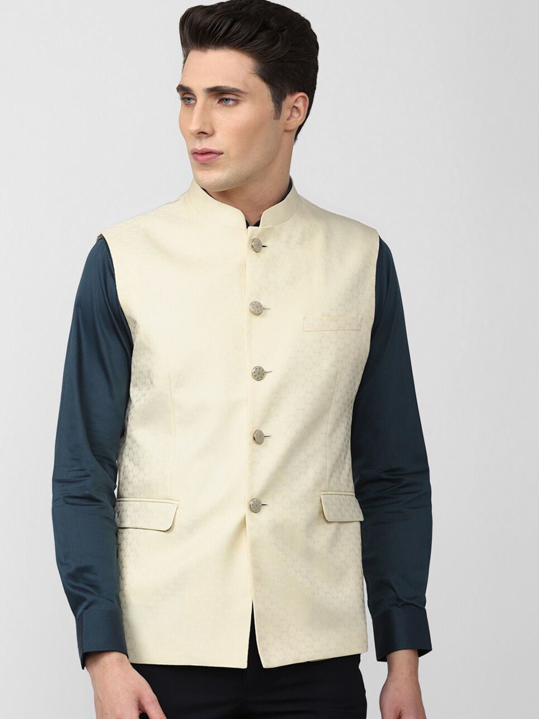 

Van Heusen Men Woven-Design Nehru Jacket, Cream