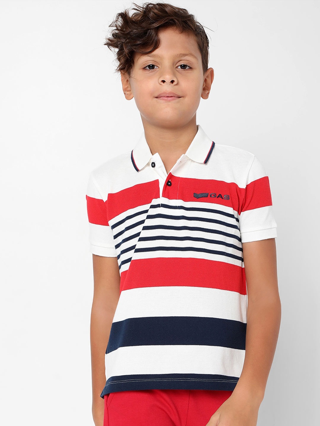 

GAS Boys Striped Polo Collar Slim Fit Cotton T-shirt, White