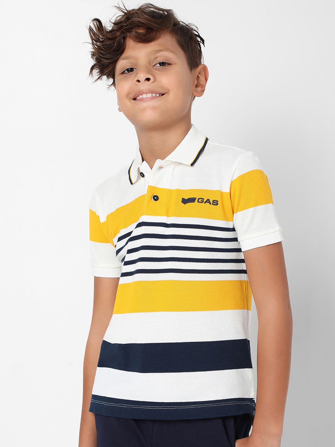 

GAS Boys White & Yellow Striped Polo Collar Cotton T-shirt
