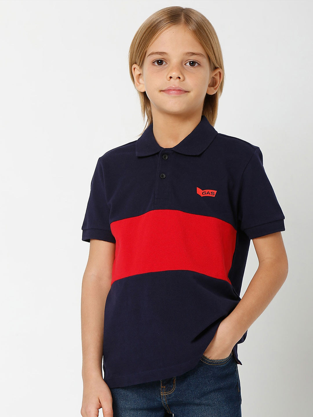 

GAS Boys Colourblocked Polo Collar Slim Fit Cotton T-shirt, Navy blue