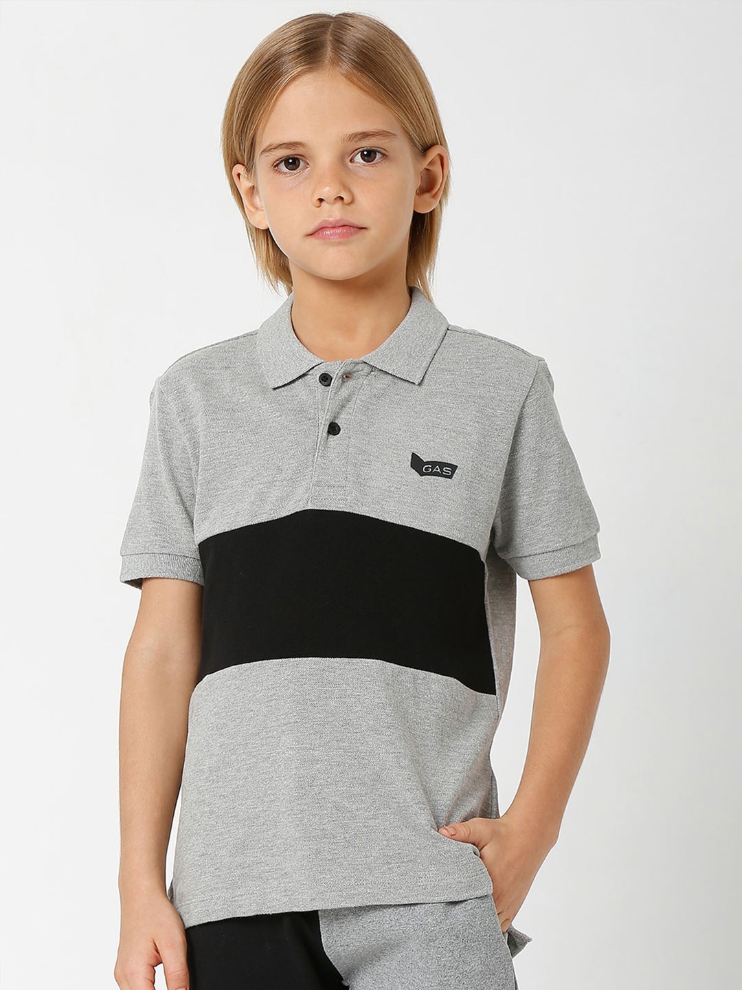 

GAS Boys Colourblocked Polo Collar Slim Fit Cotton T-shirt, Grey