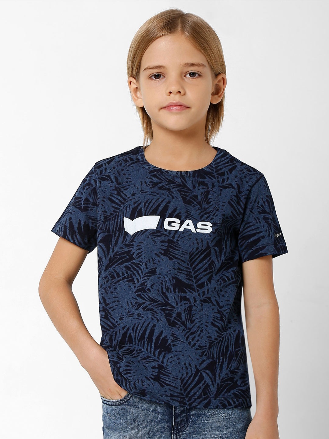 

GAS Boys Brand Logo Printed Applique Slim Fit Cotton T-shirt, Blue