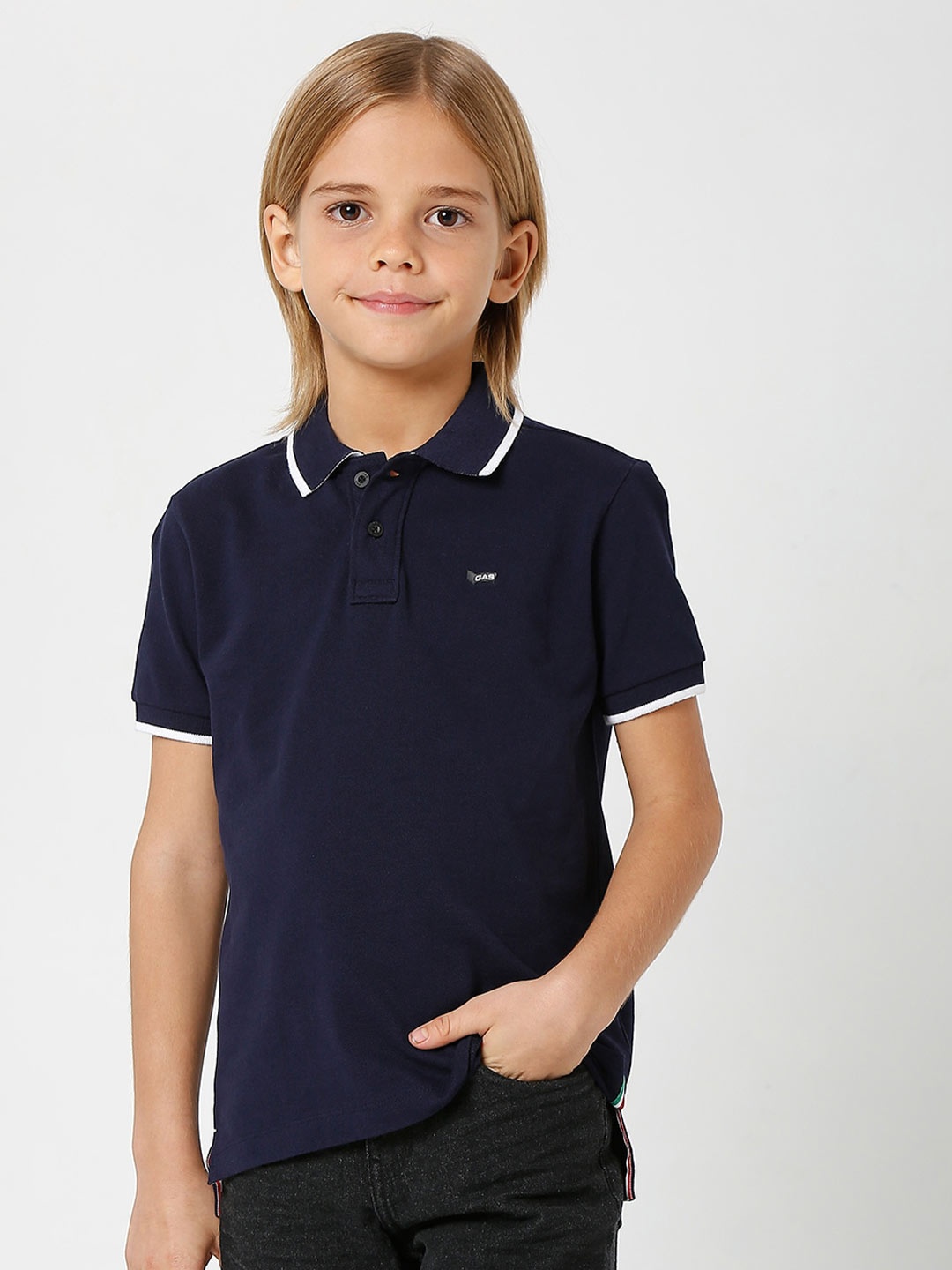 

GAS Boys Brand Logo Polo Collar Applique Cotton T-shirt, Navy blue