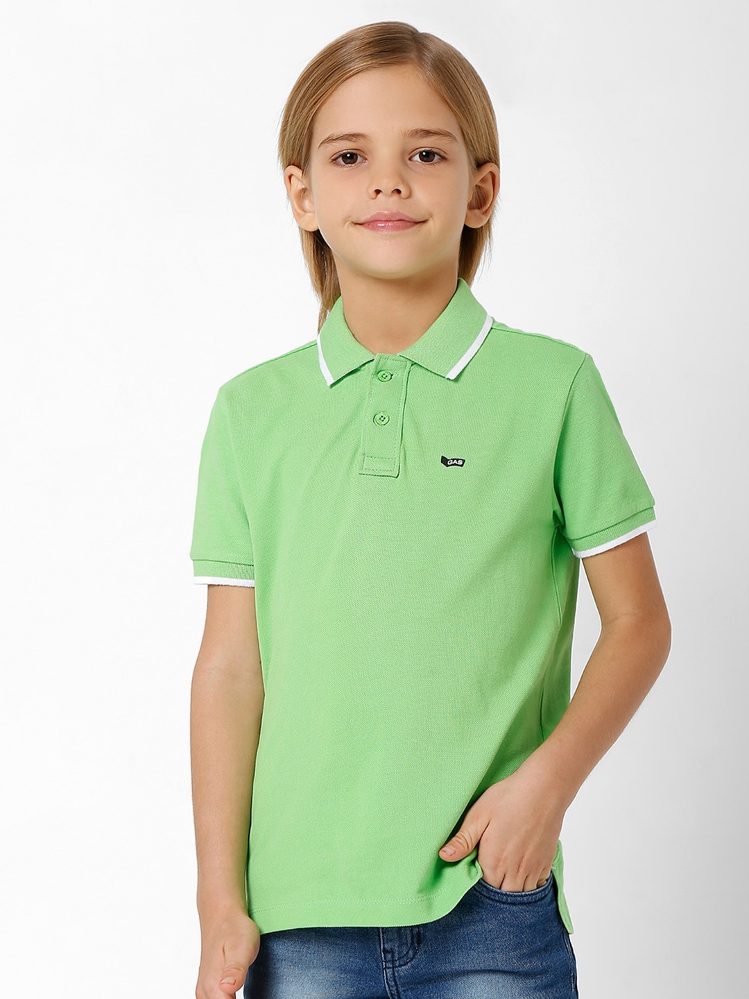 

GAS Boys Brand Logo Polo Collar Applique Slim Fit Cotton T-shirt, Green