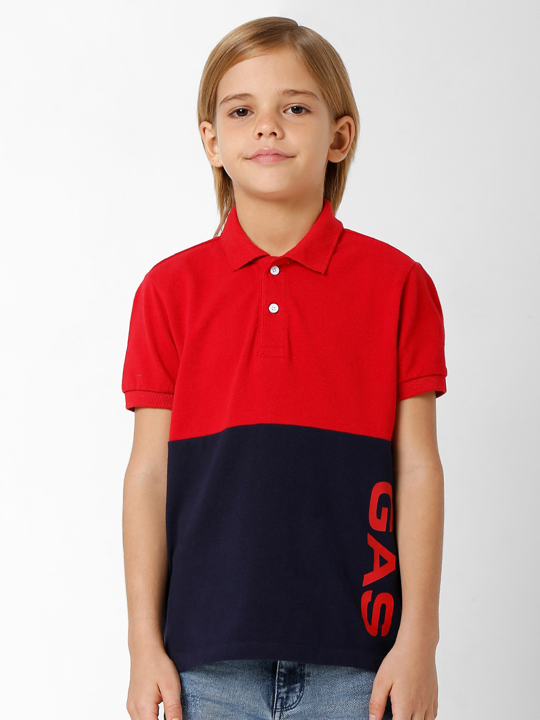 

GAS Boys Colourblocked Polo Collar Slim Fit Cotton T-shirt, Red