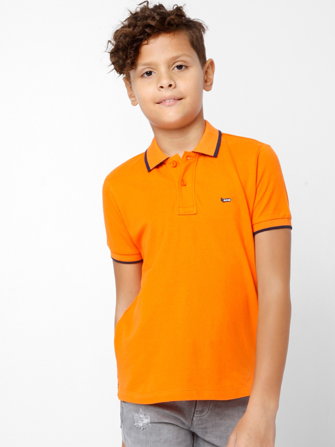 

GAS Boys Brand Logo Polo Collar Applique Slim Fit Cotton T-shirt, Orange