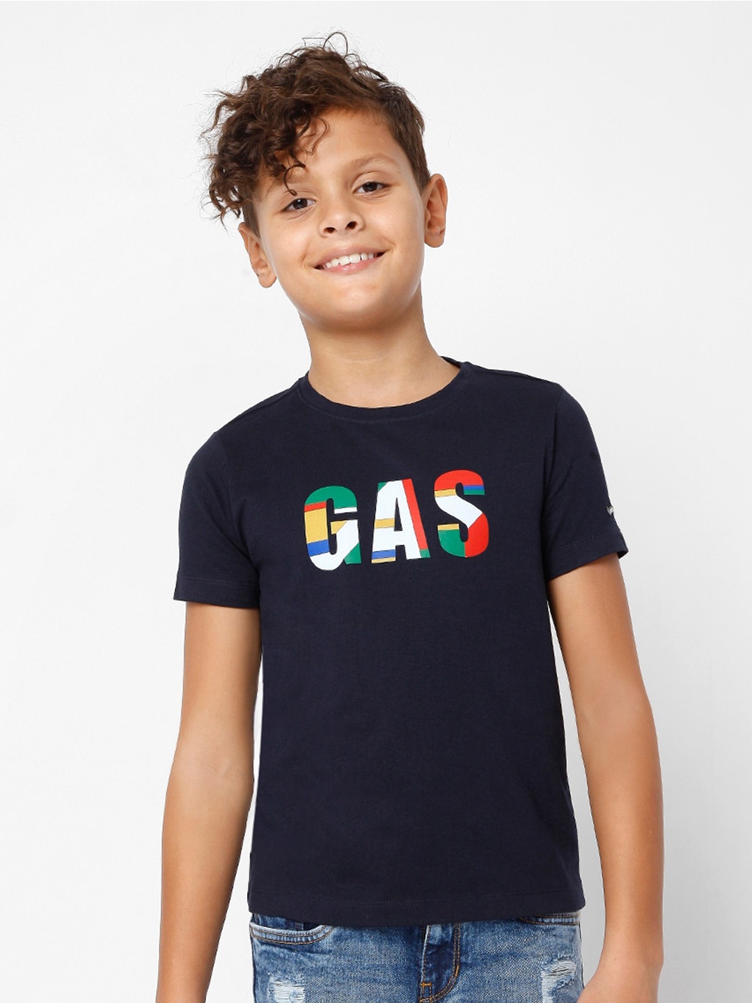 

GAS Boys Brand Logo Printed Applique Slim Fit T-shirt, Navy blue