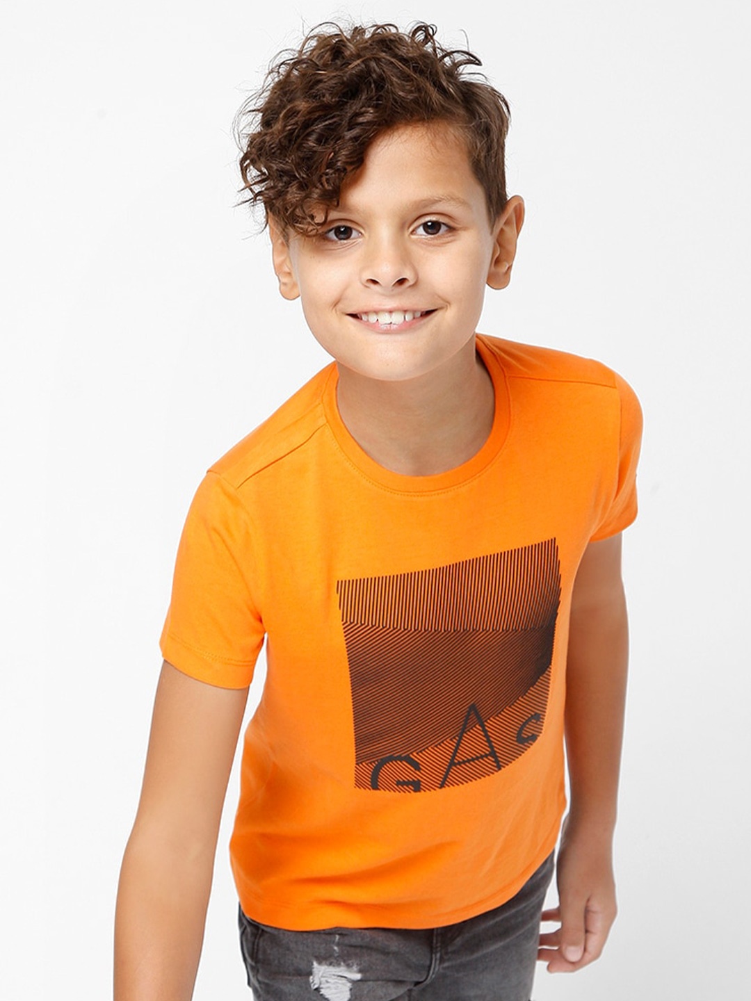 

GAS Boys Brand Logo Printed Slim Fit Cotton T-shirt, Orange