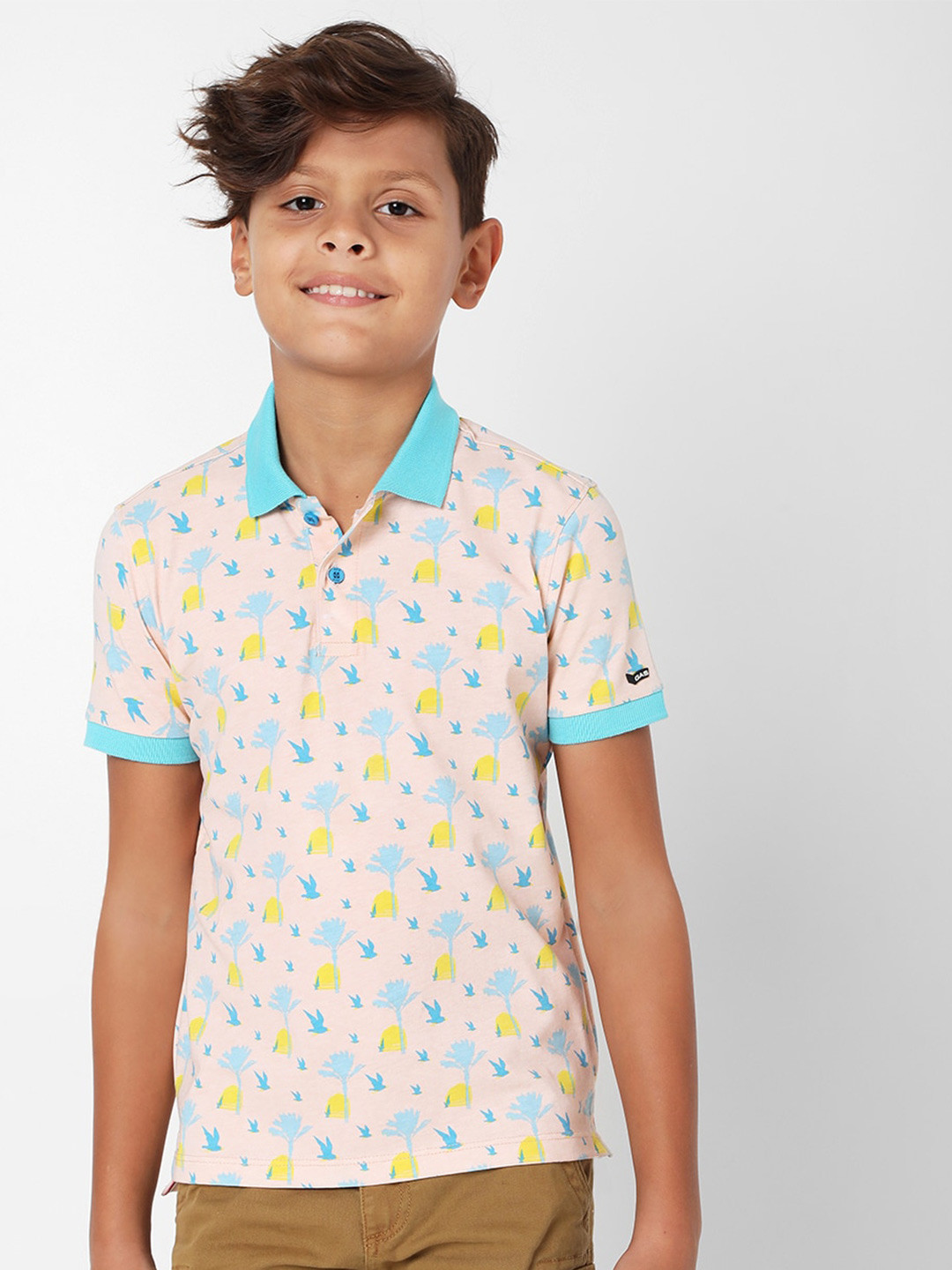 

GAS Boys Floral Printed Polo Collar Slim Fit Cotton T-shirt, Pink