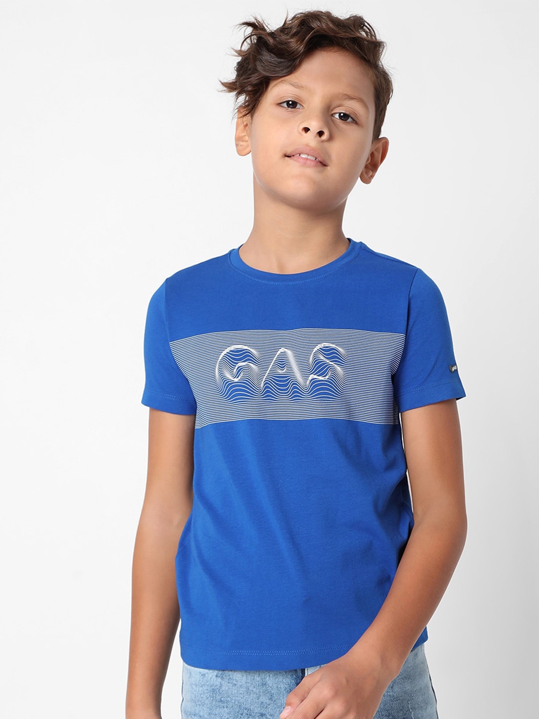 GAS Boys Brand Logo Printed Slim Fit Cotton T-shirt, Blue