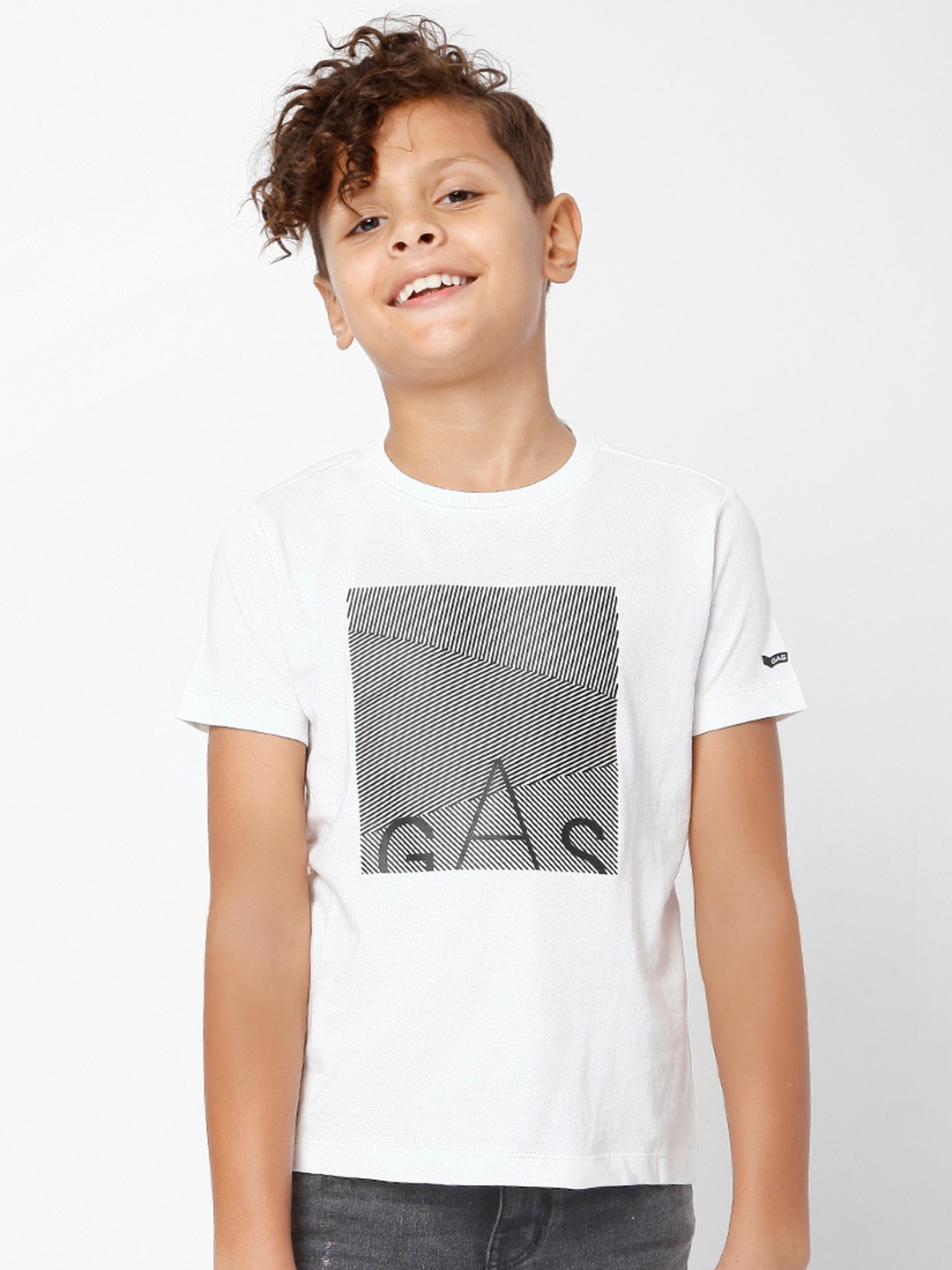 GAS Boys Brand Logo Printed Slim Fit Cotton T-shirt, White