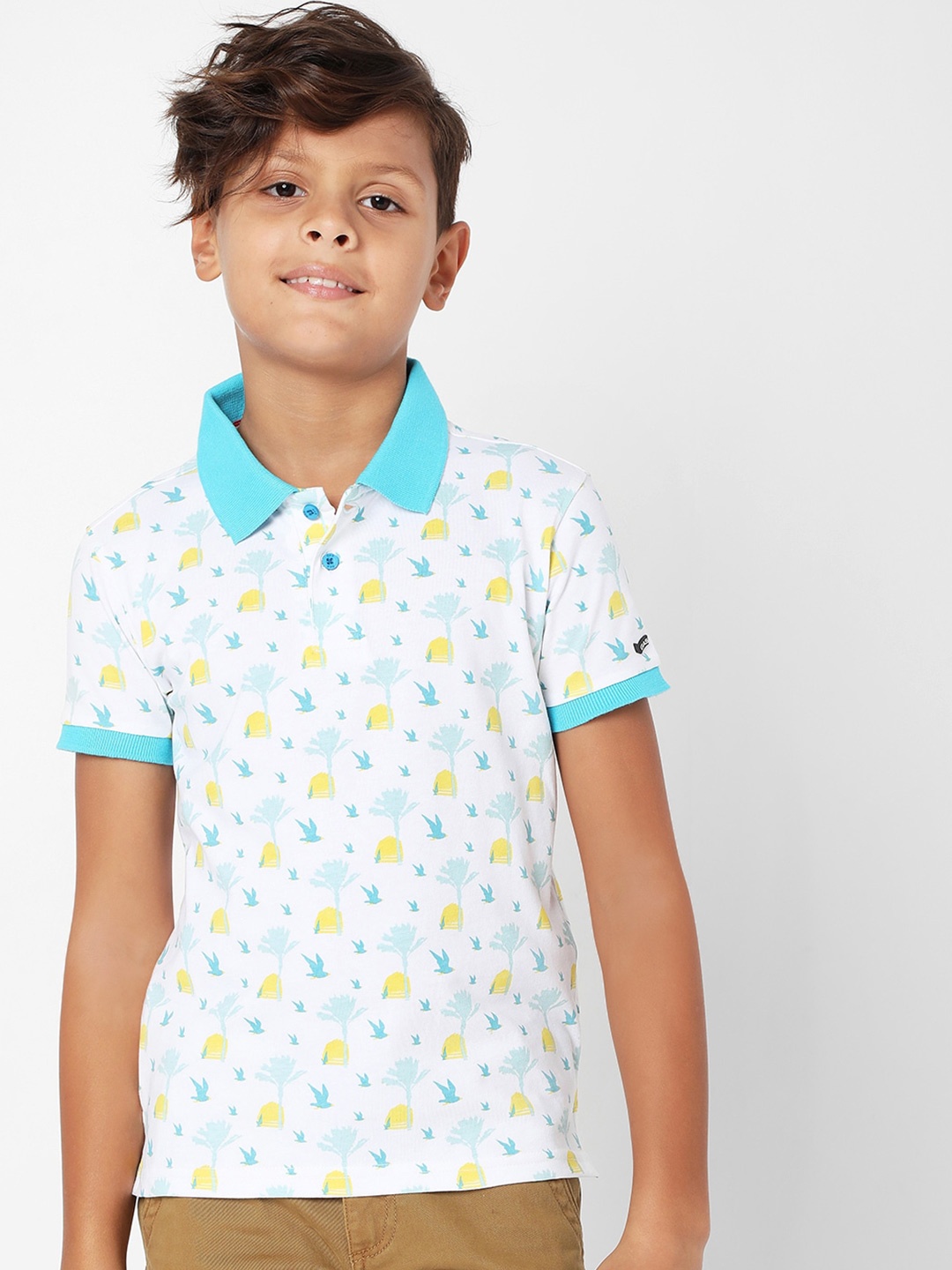 

GAS Boys Floral Printed Polo Collar Slim Fit Cotton T-shirt, White