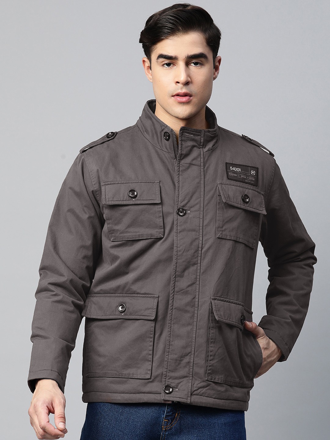 

Pierre Carlo Men Stand Collar Pure Cotton Tailored Jacket, Grey