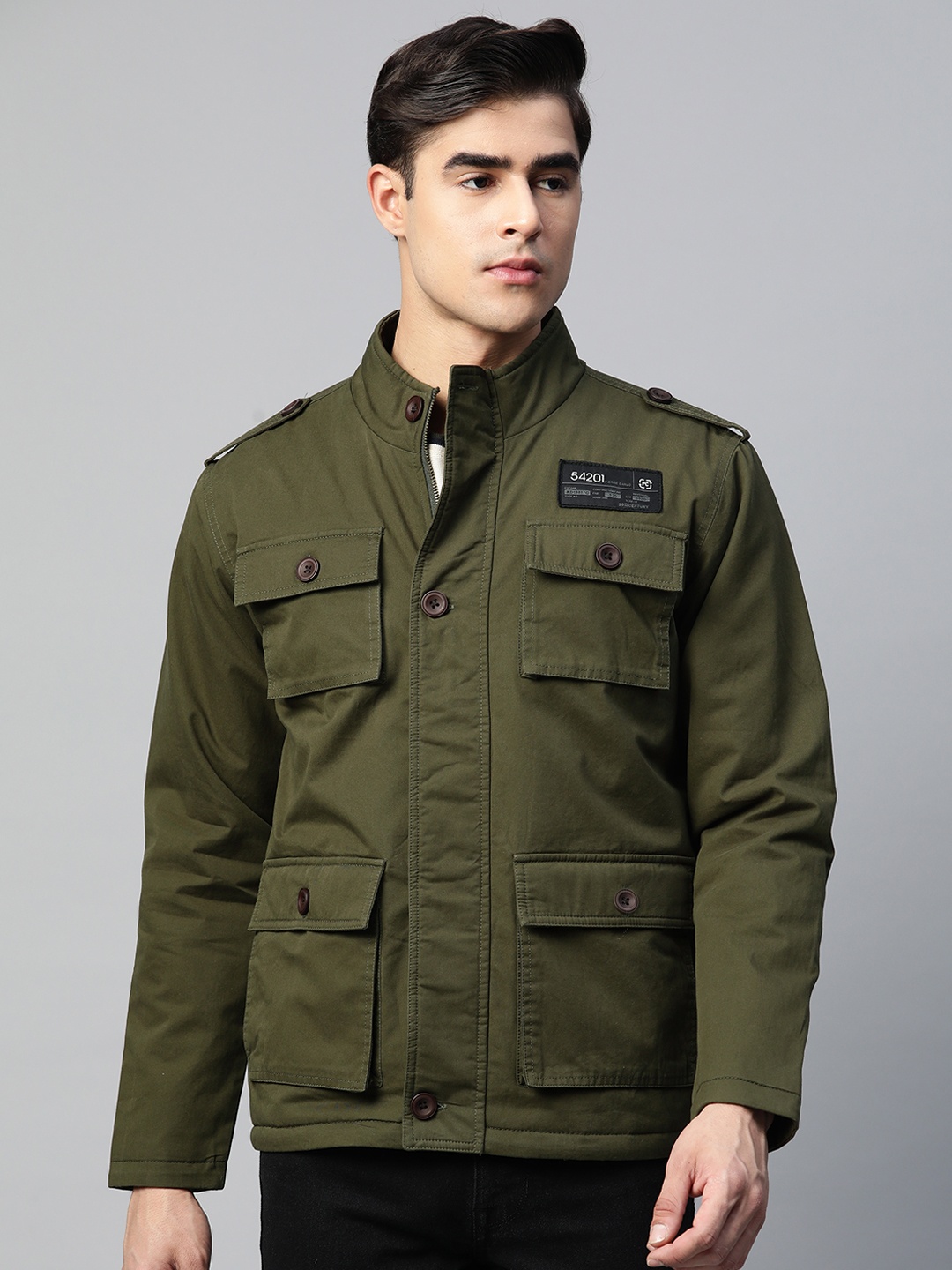 

Pierre Carlo Men Stand Collar Pure Cotton Tailored Jacket, Olive