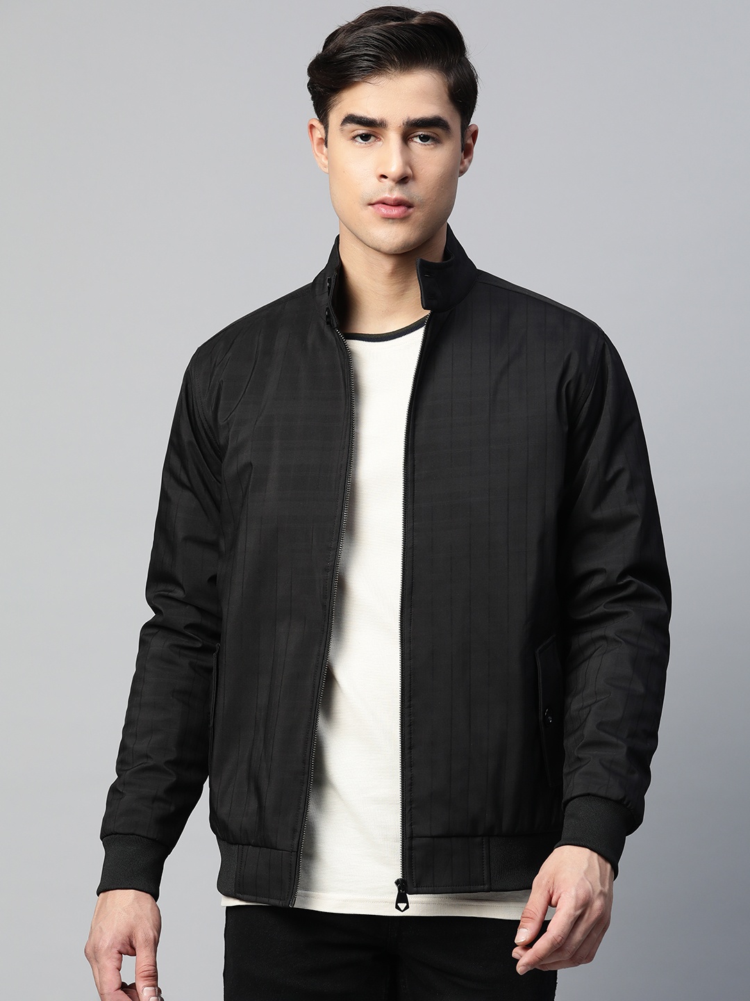 

Pierre Carlo Men Checked Bomber Jacket, Black