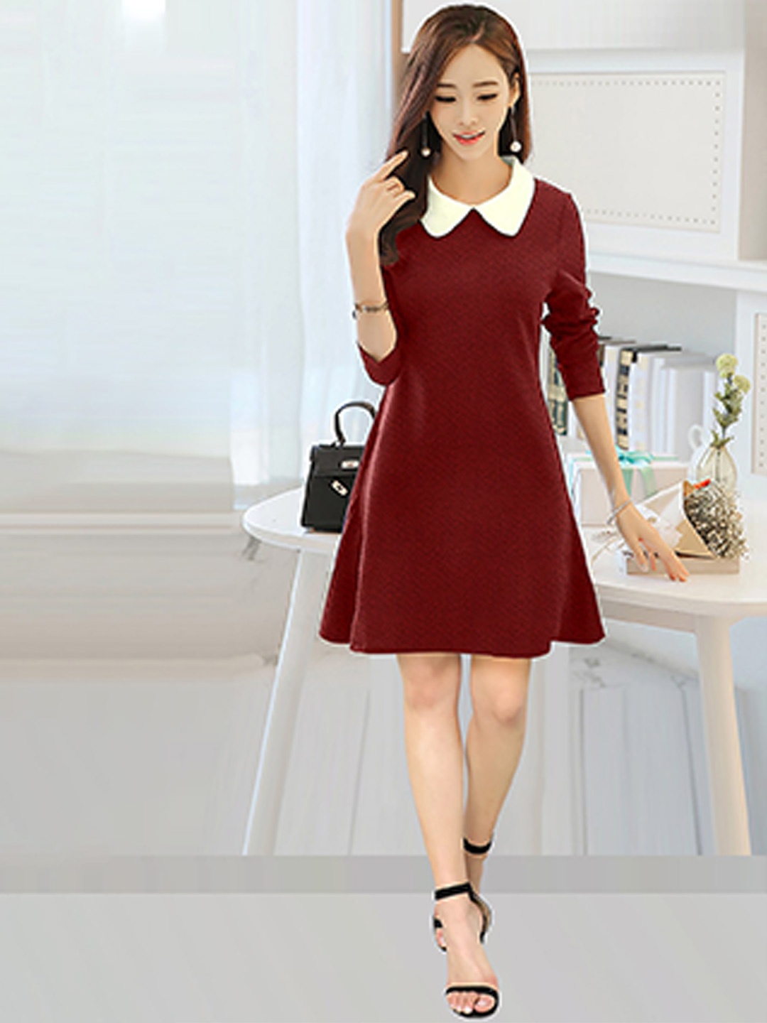 

FAVRIZ Maroon Peter Pan Collar A-Line Dress