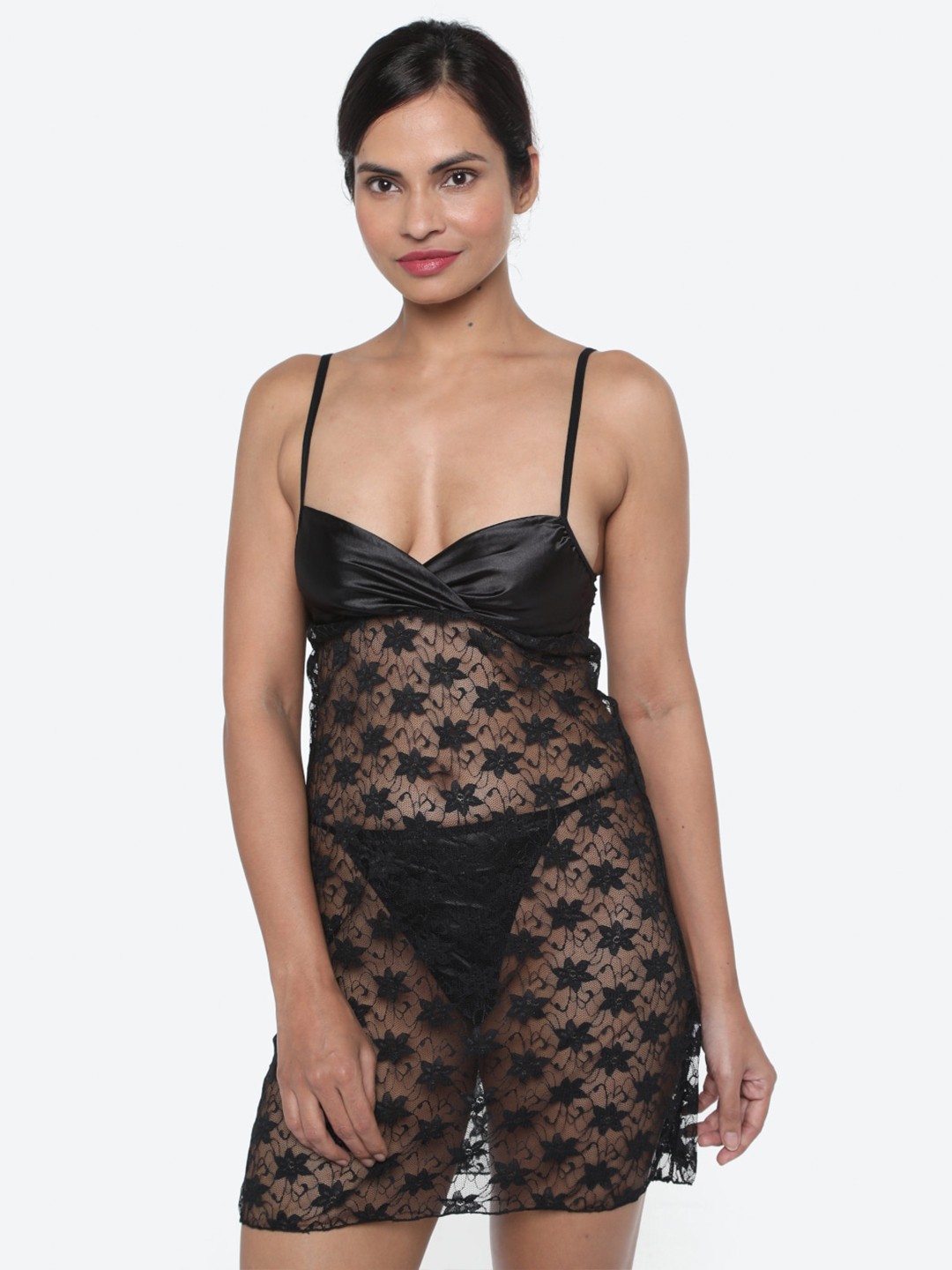 

miorre Self Design Lace Baby Doll With Briefs, Black