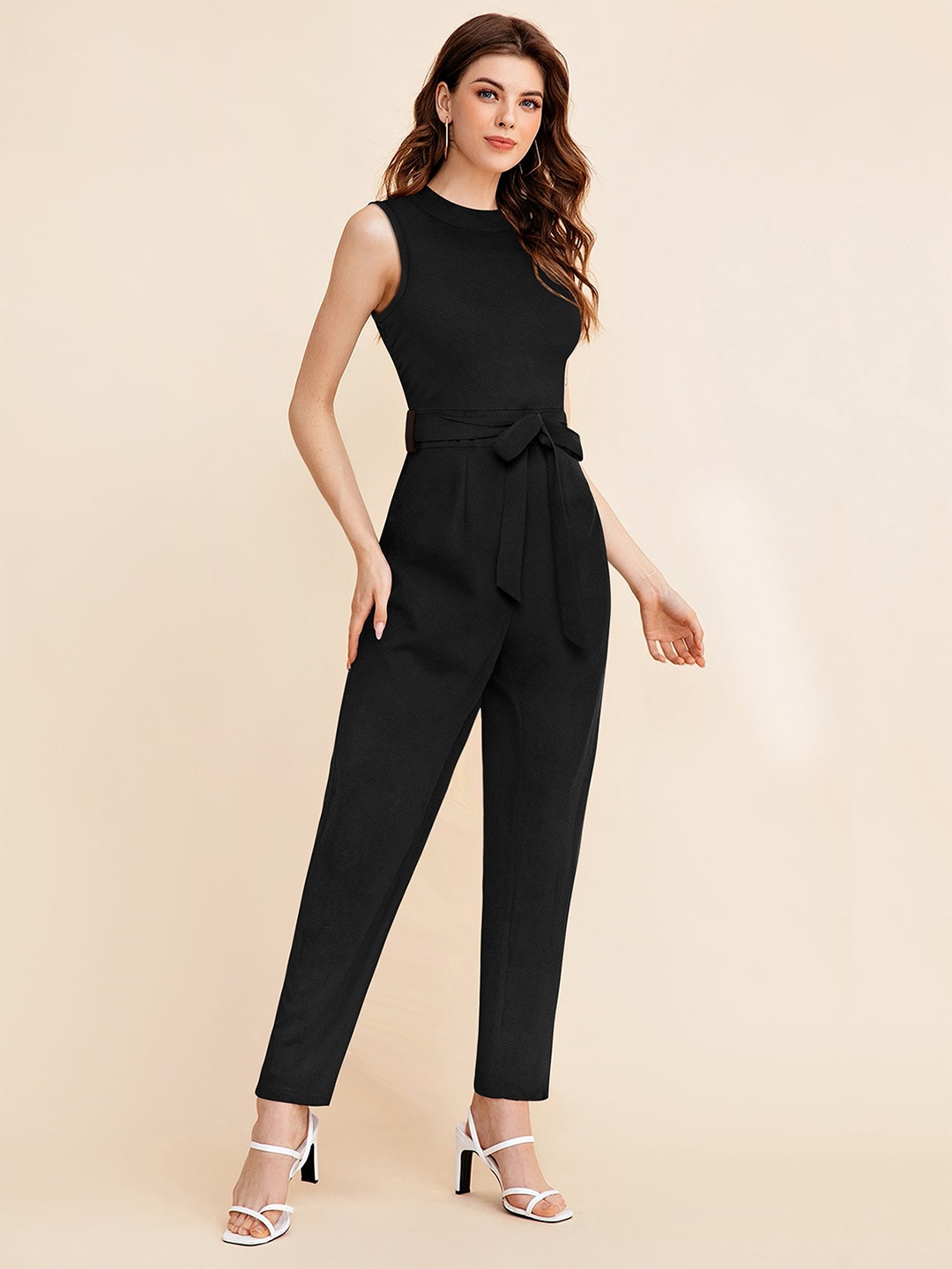 

FAVRIZ Self Design Round Neck Basic Jumpsuit, Black