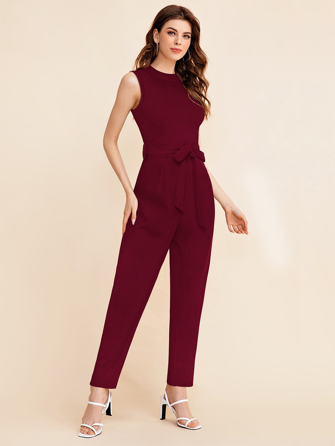 

FAVRIZ Self Design Round Neck Basic Jumpsuit, Maroon