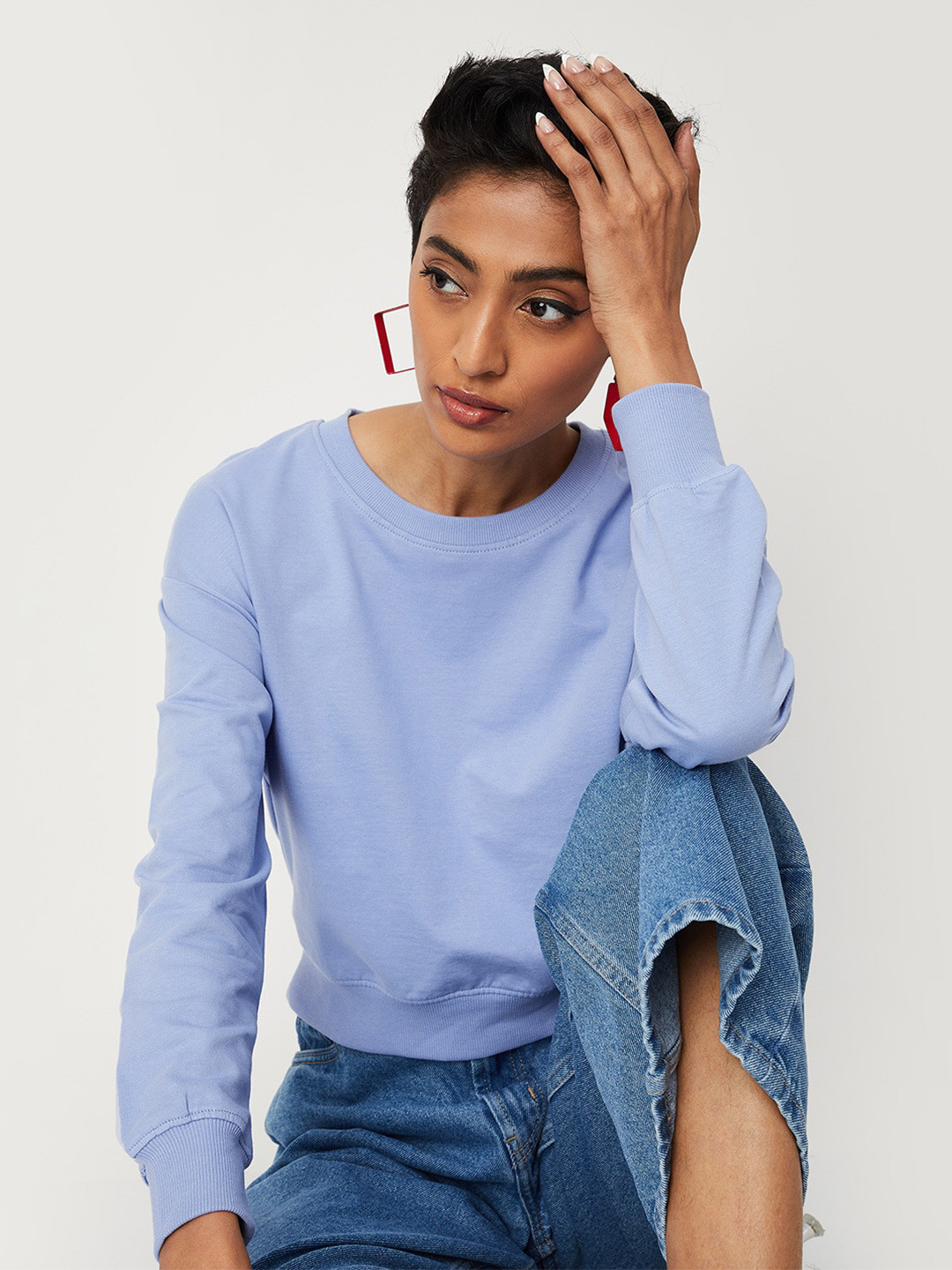 

max Women Women Cotton Long Sleeves Sweatshirt, Blue