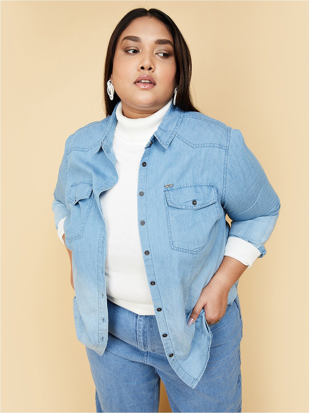 

max Women Plus Size Pure Cotton Casual Shirt, Blue