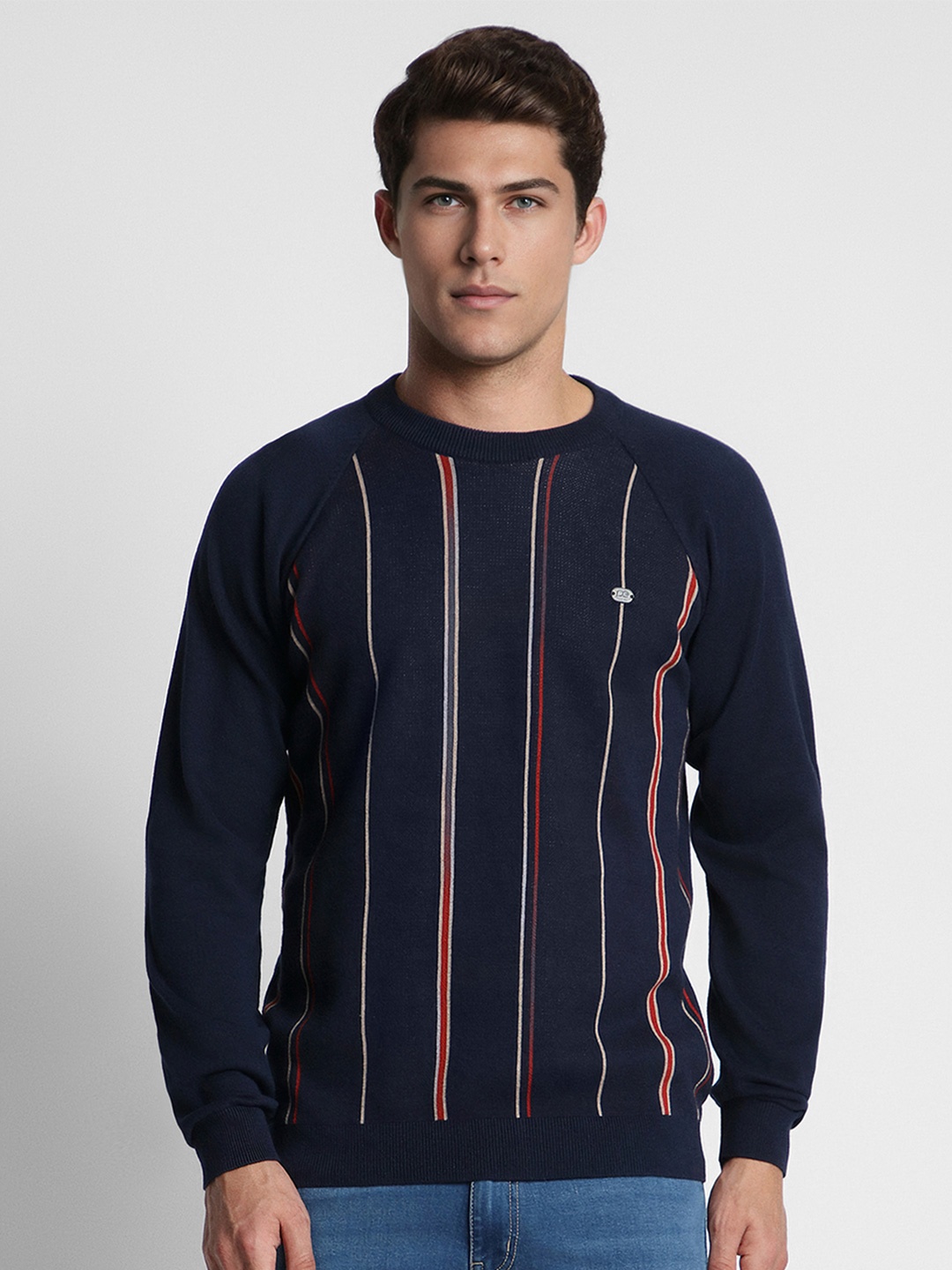 

Peter England Casuals Striped Round Neck Acrylic Pullover Sweater, Navy blue