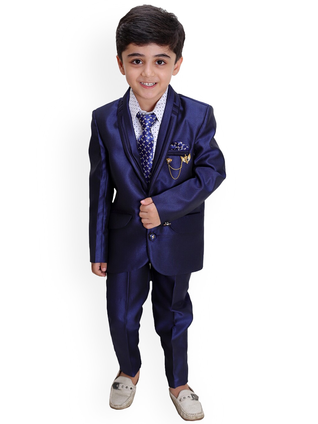 

FOURFOLDS Boys Self Design Single-Breasted 4-Piece Suits, Navy blue