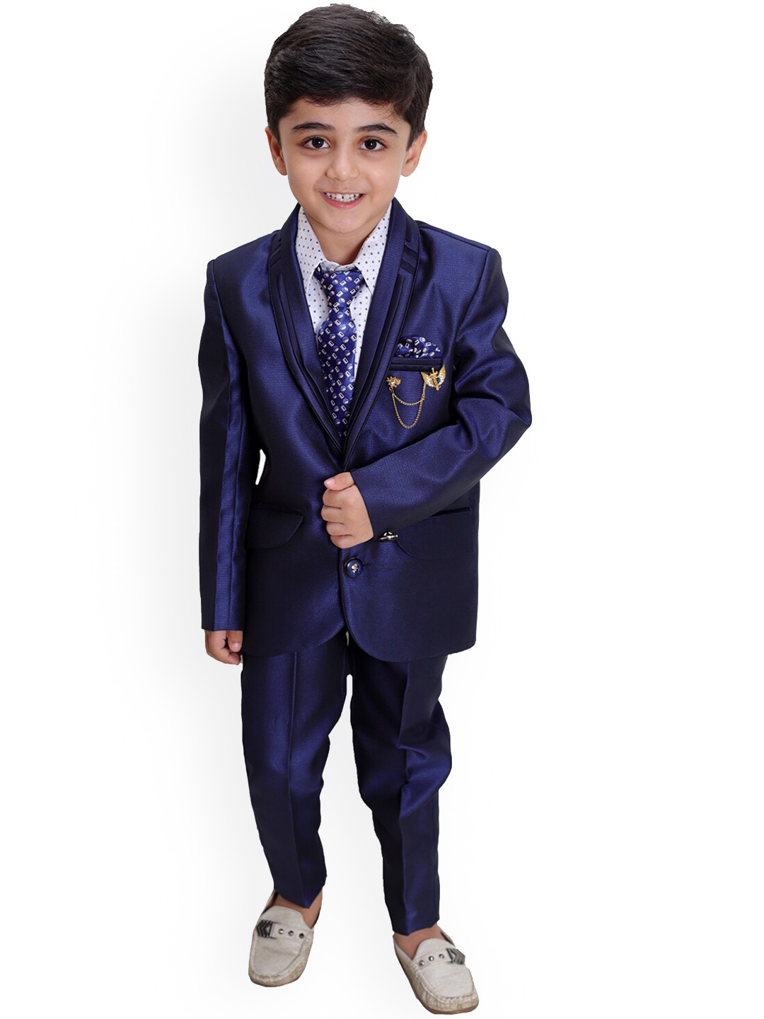 

FOURFOLDS Boys Self Design Single-Breasted 4-Piece Suits, Navy blue
