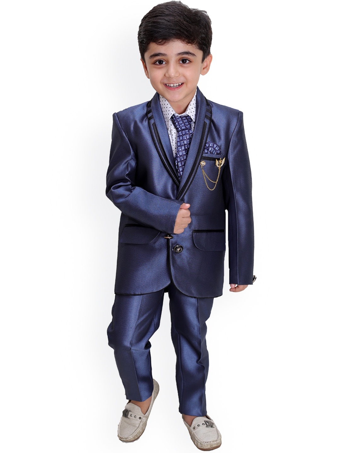 

FOURFOLDS Boys Self Design Single-Breasted 4-Piece Suits, Navy blue