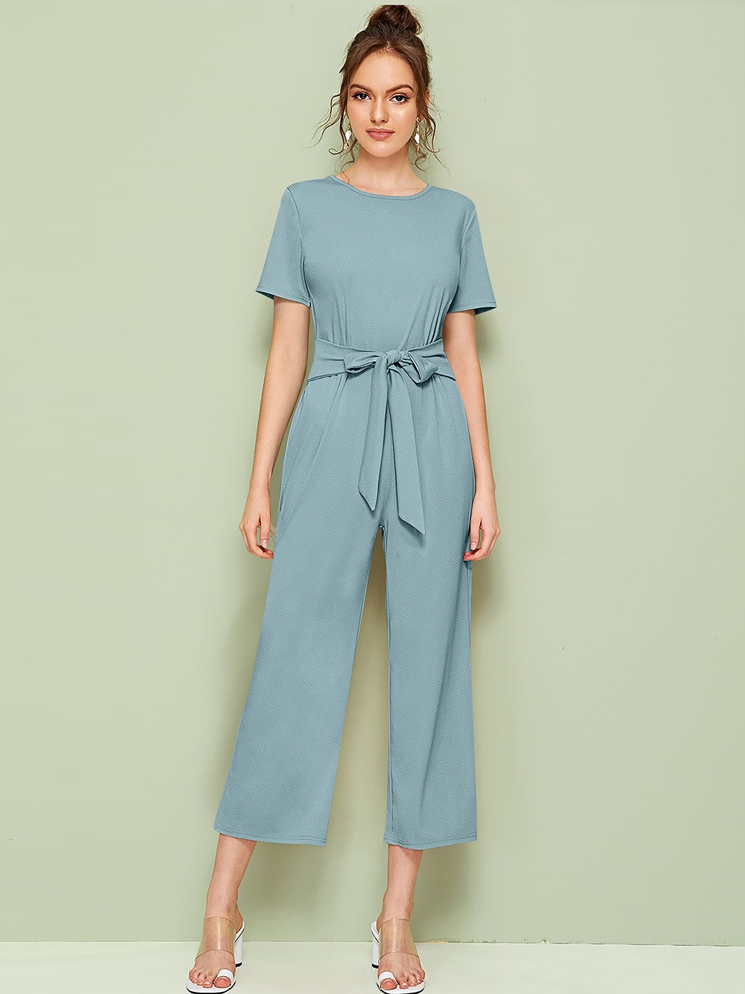 

FAVRIZ Self Design Round Neck Basic Jumpsuit, Turquoise blue