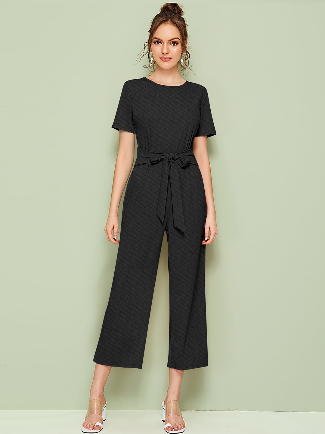 

FAVRIZ Self Design Round Neck Basic Jumpsuit, Black