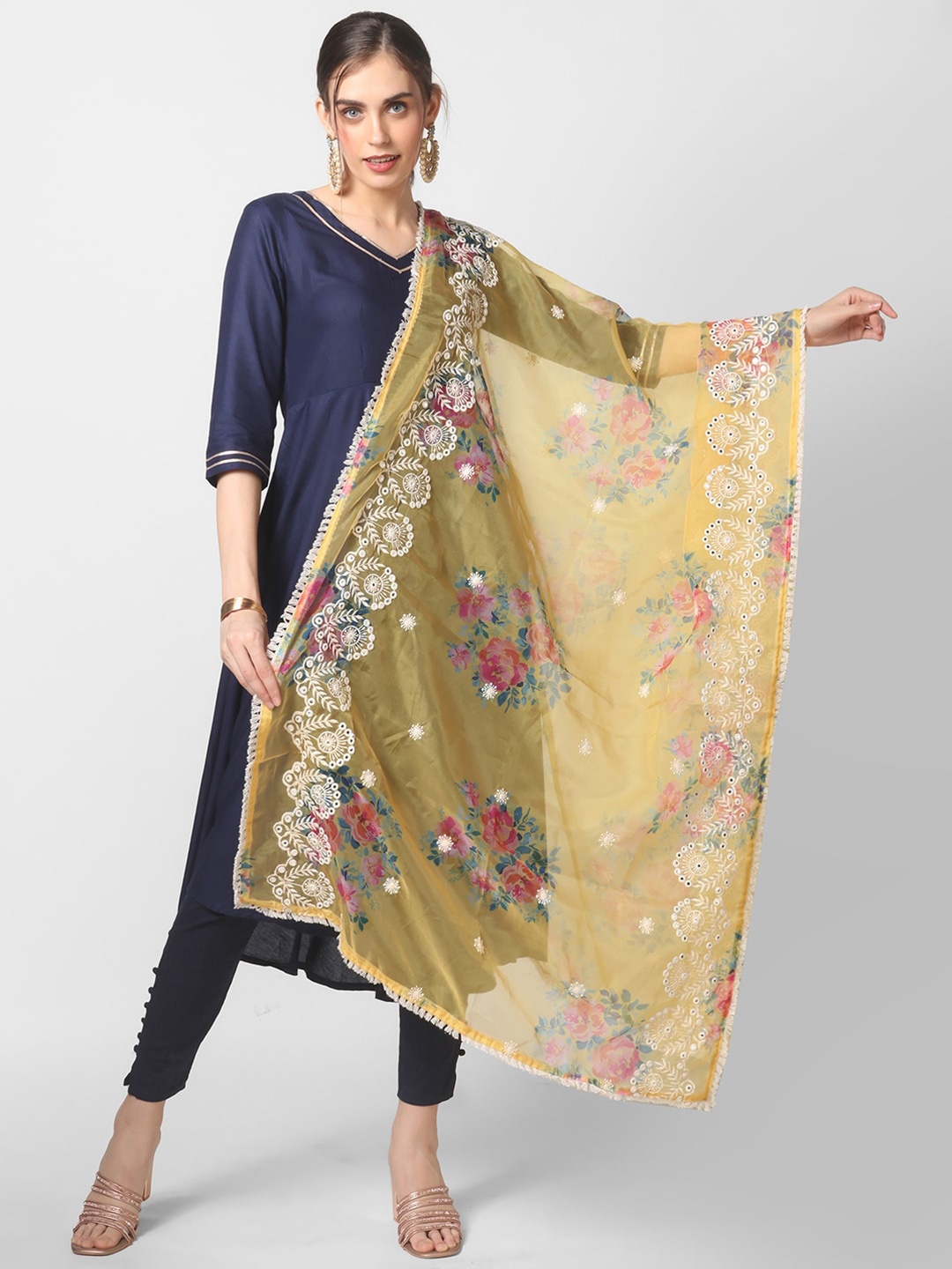 

Dupatta Bazaar Embroidered Organza Dupatta with Mirror Work, Yellow