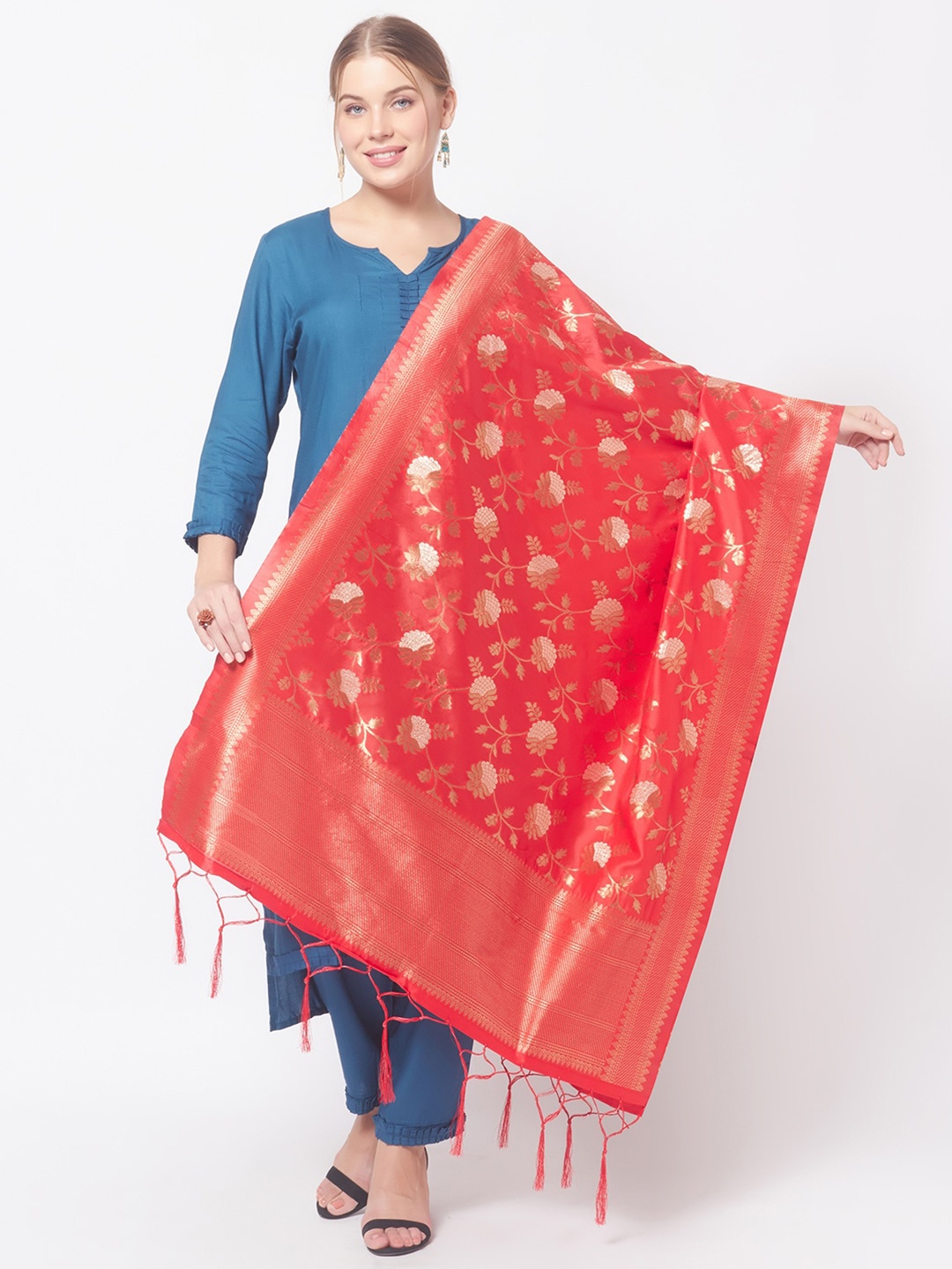 

Dupatta Bazaar Woven Design Silk Tassled Dupatta, Red