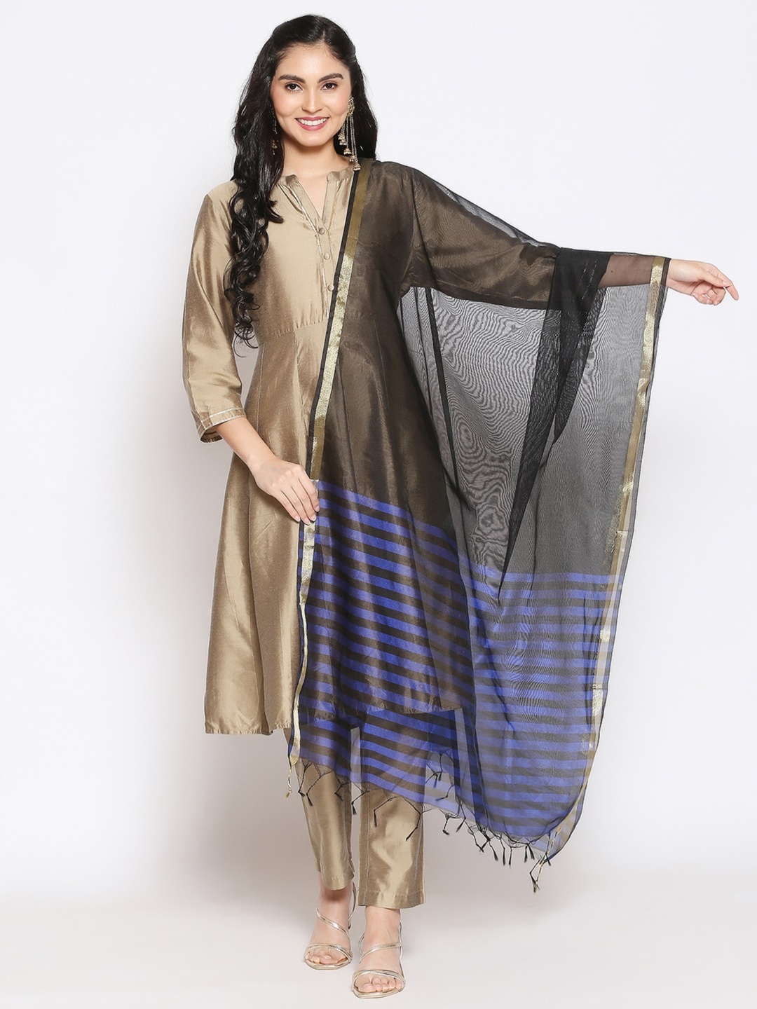 

Dupatta Bazaar Striped Dupatta with Fringed Border, Black