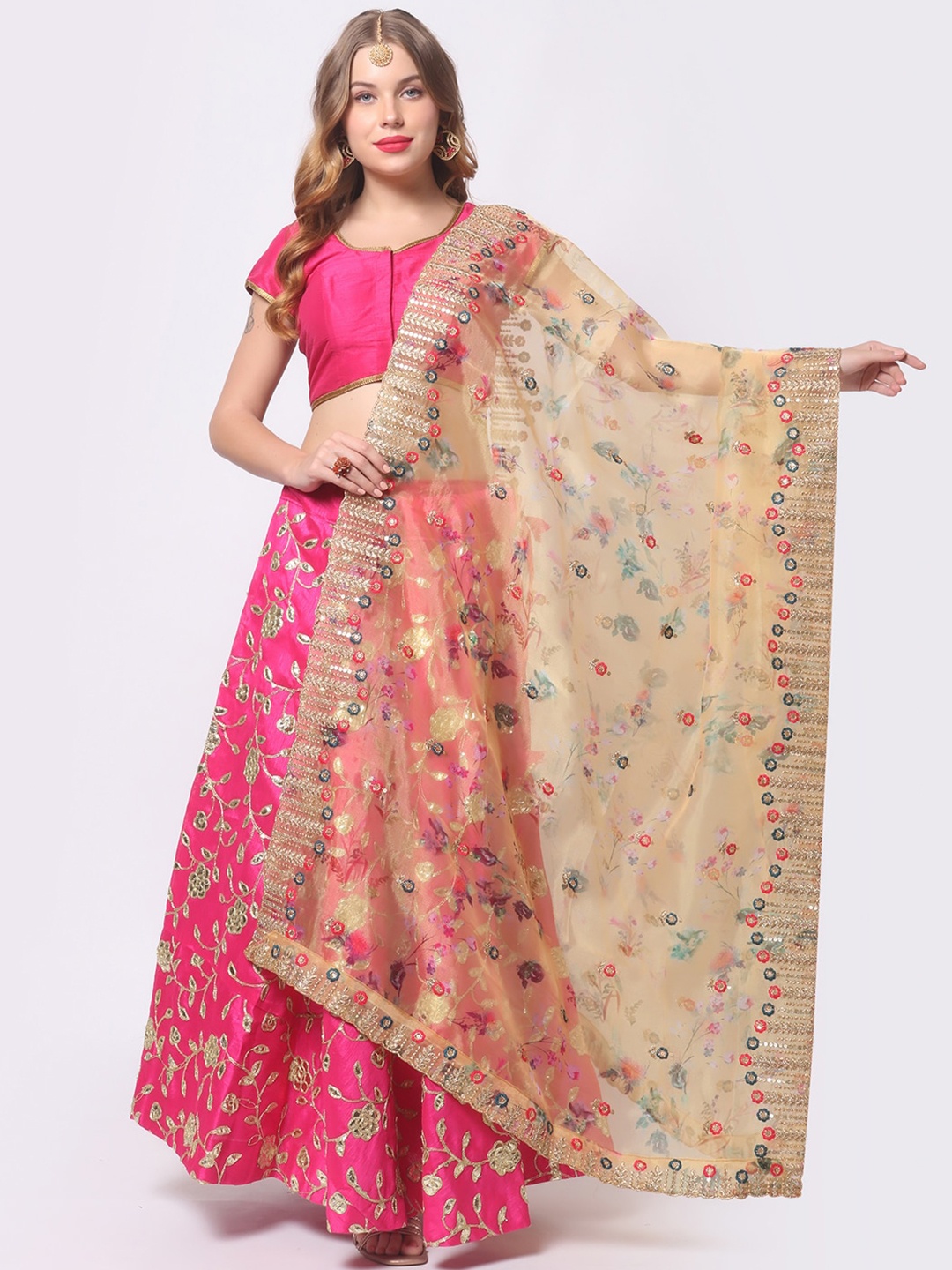 

Dupatta Bazaar Gold-Toned & Red Embroidered Organza Dupatta with Thread Work