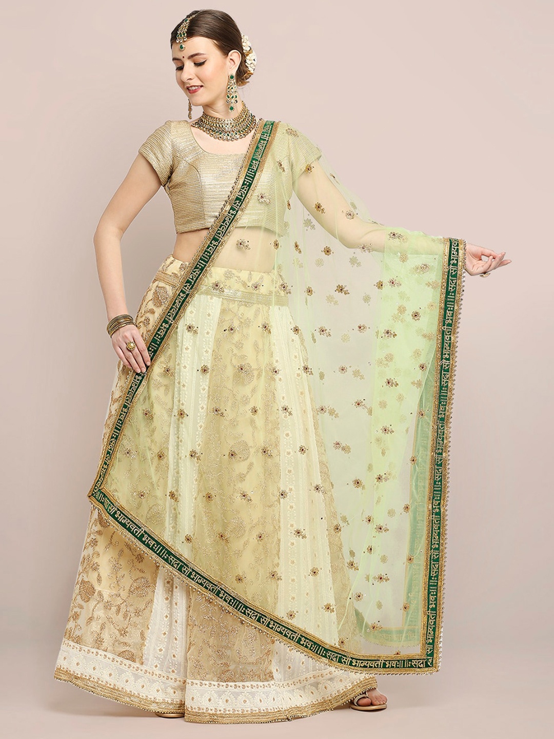 

Dupatta Bazaar Green & Gold-Toned Embroidered Dupatta with Thread Work