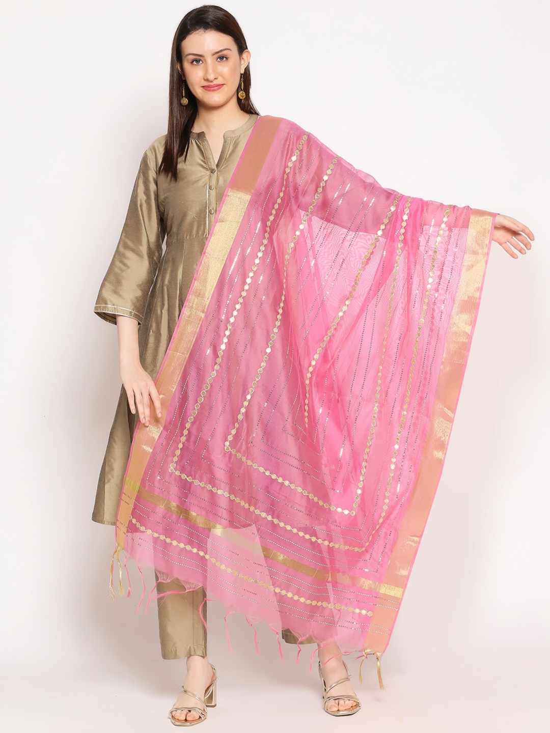 

Dupatta Bazaar Pink & Gold-Toned Ethnic Motifs Embroidered Dupatta with Thread Work